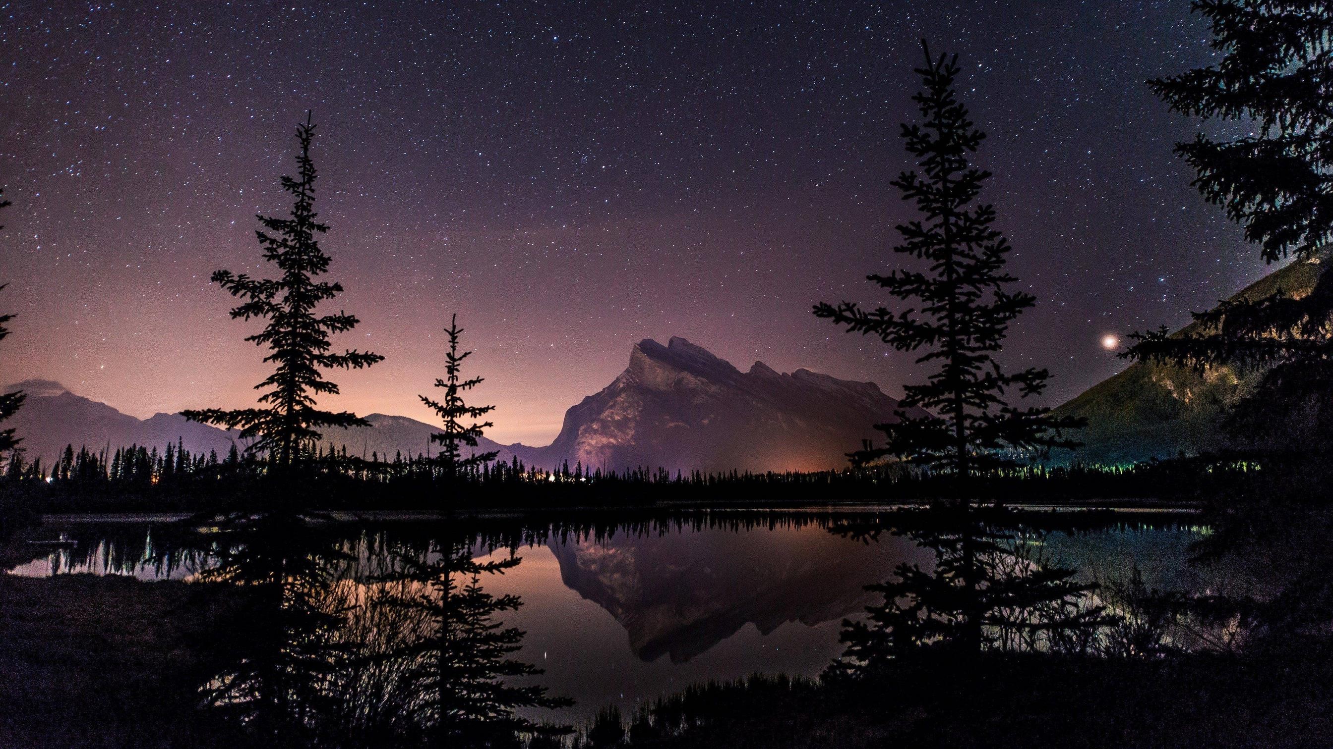 night, photography, trees, mountains, lake, sky, stars, reflection, nature, HD Wallpaper