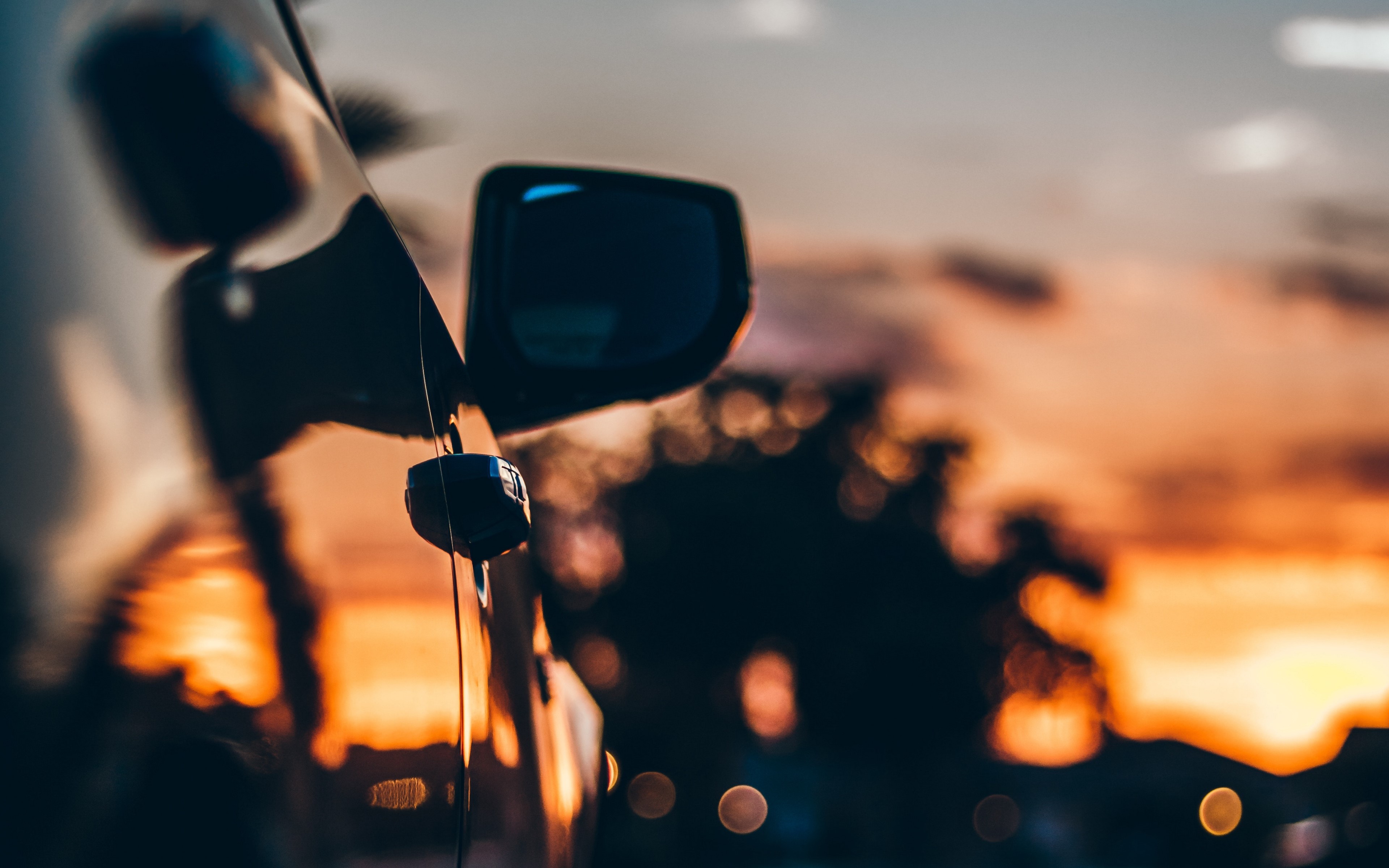 car, sunset, mirror, bokeh, reflection, HD Wallpaper
