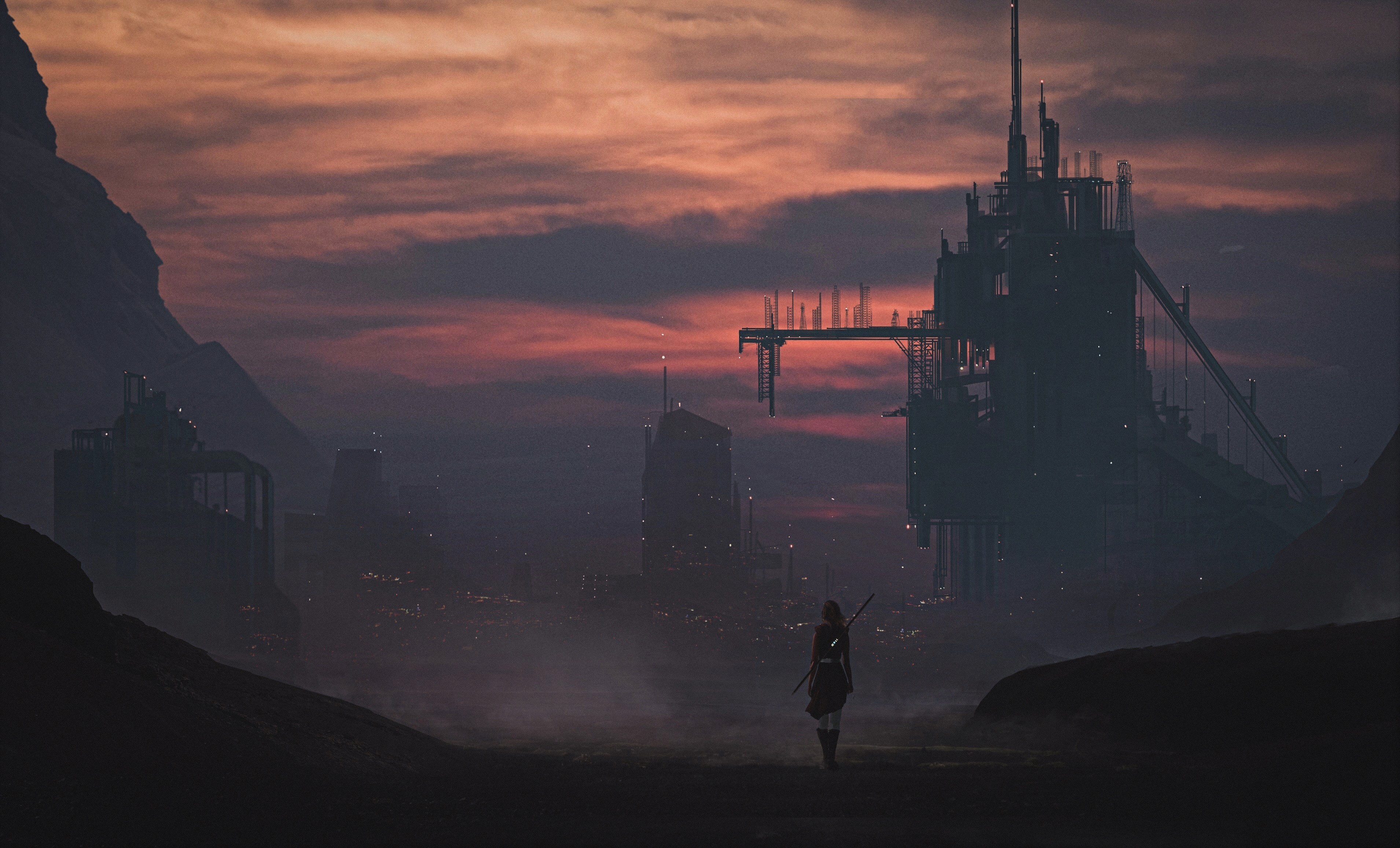 Nicholas Baum, sunset, sky, landscape, futuristic, artwork, HD Wallpaper