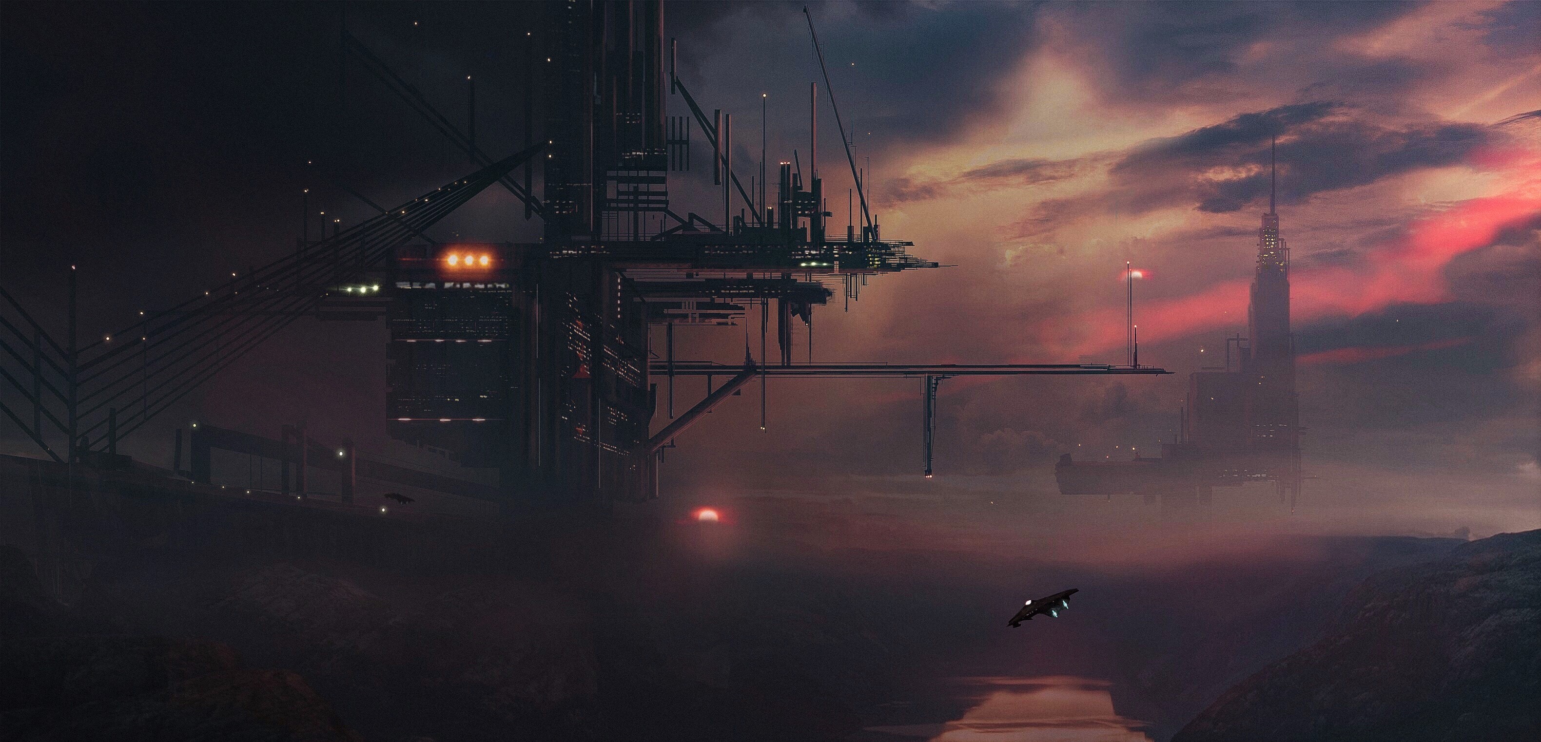 Nicholas Baum, sunset, sky, futuristic, artwork, HD Wallpaper