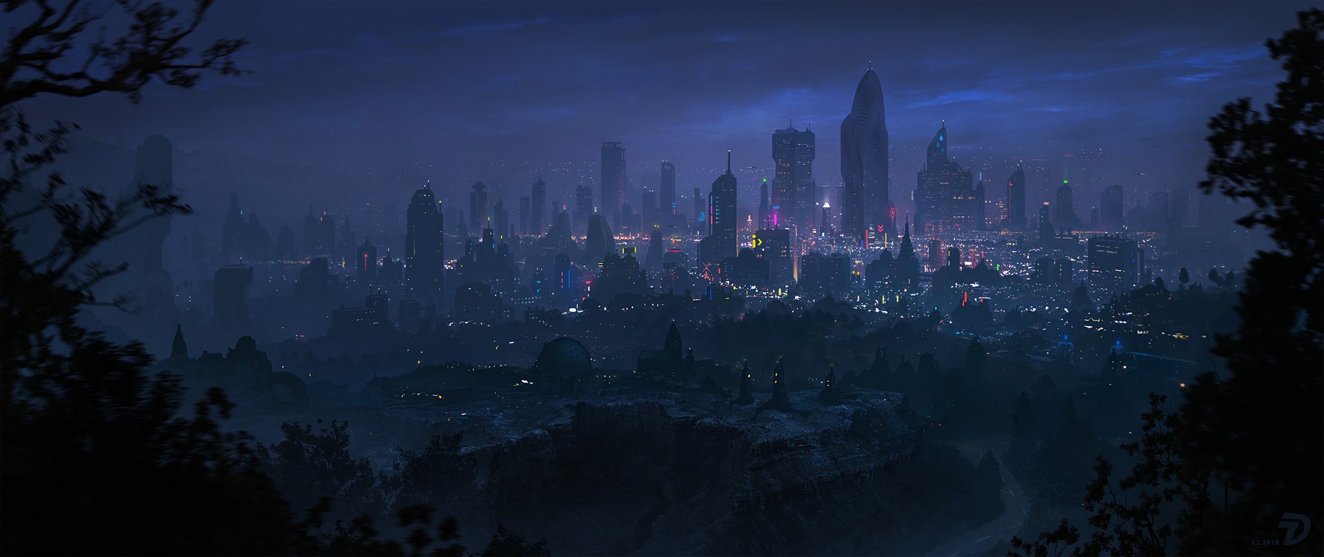 city, night, city lights, cityscape, cliff, glowing, HD Wallpaper