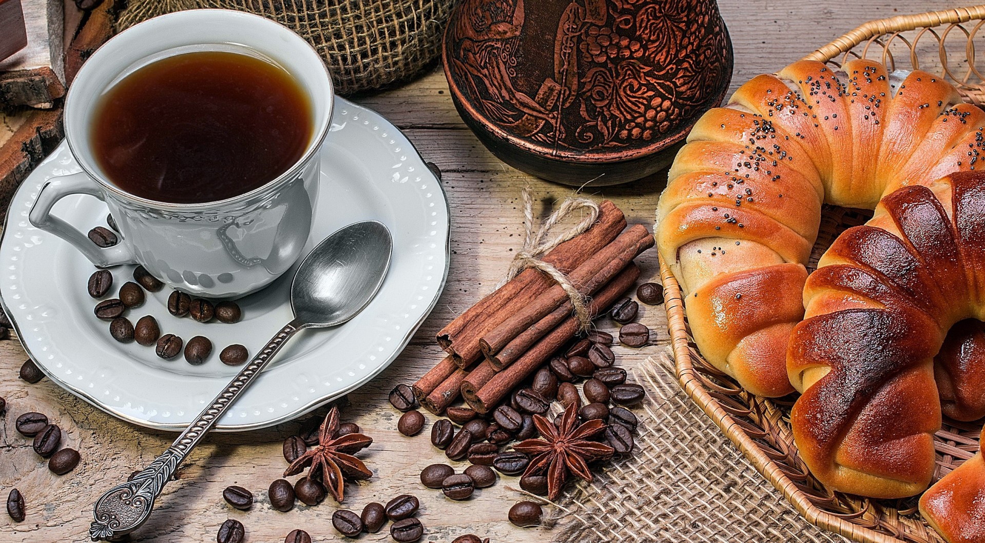 tea, cup, croissants, breakfast, food, coffee beans, HD Wallpaper