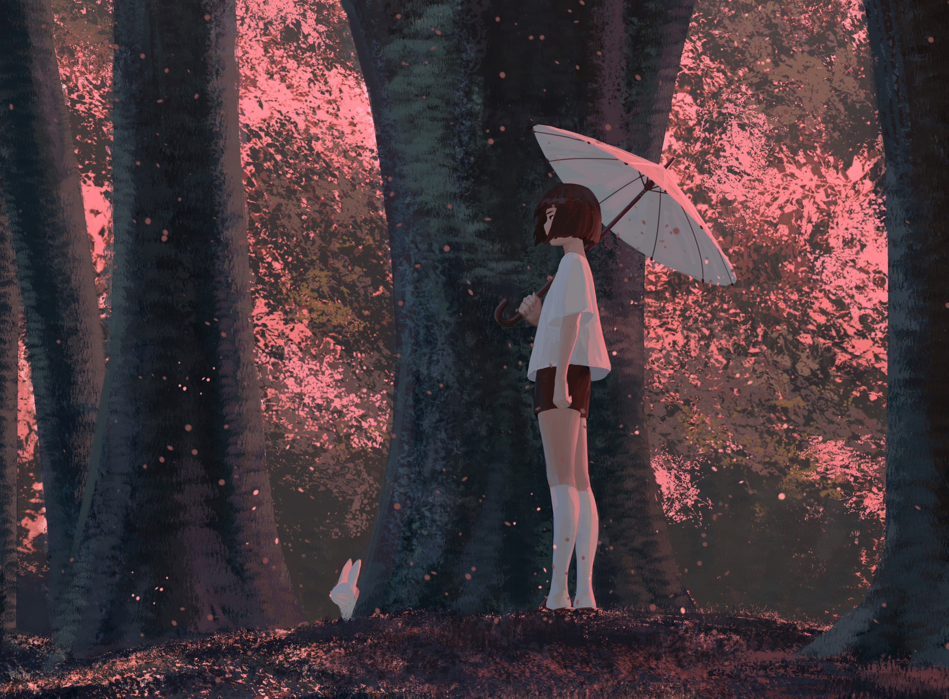 anime girls, original characters, anime, women, brunette, short hair, profile, looking away, umbrella, forest, trees, rabbits, T-shirt, short shorts, socks, standing, side view, artwork, drawing, digital art, illustration, GUWEIZ, Z.W. Gu, HD Wallpaper