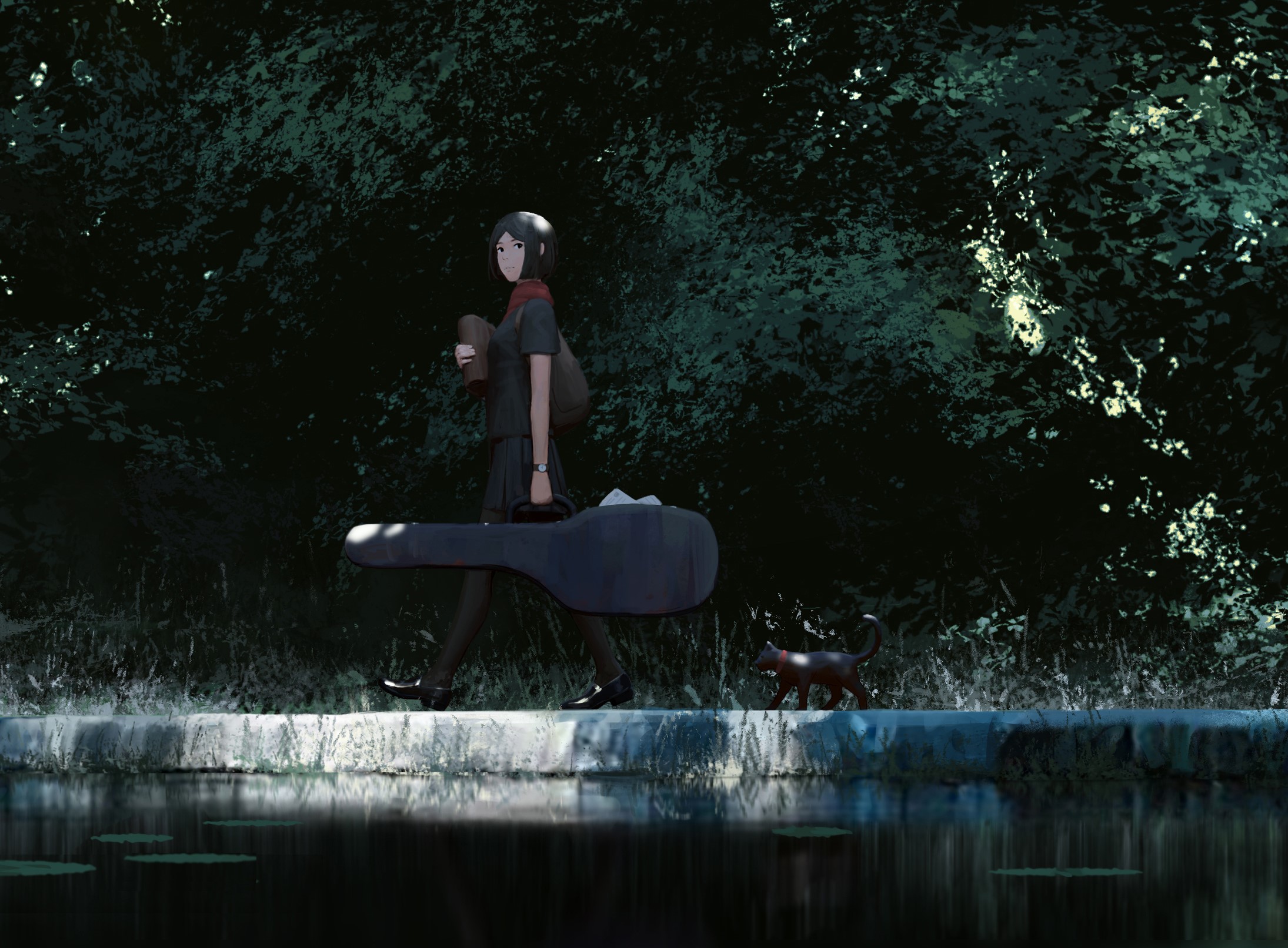 anime girls, original characters, anime, women, brunette, short hair, schoolgirl, T-shirt, skirt, black clothing, pantyhose, guitar, musical instrument, walking, cats, black cats, scarf, water lilies, water, reflection, Bushes, looking back, backpacks, side view, outdoors, looking away, artwork, drawing, digital art, illustration, GUWEIZ, Z.W. Gu, HD Wallpaper