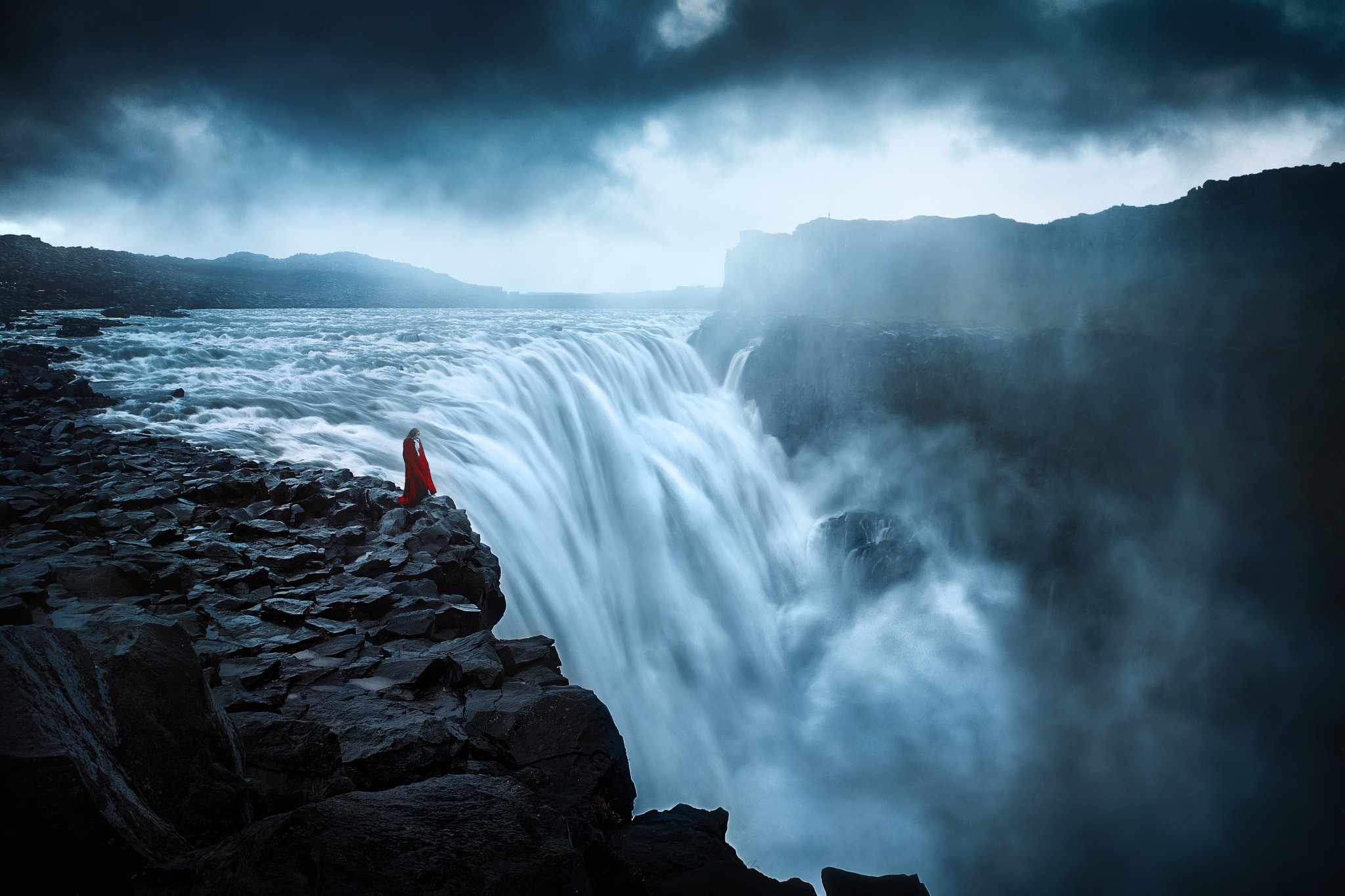 women, landscape, red clothing, nature, rocks, overcast, clouds, waterfall, water, foam, dark, cold, HD Wallpaper