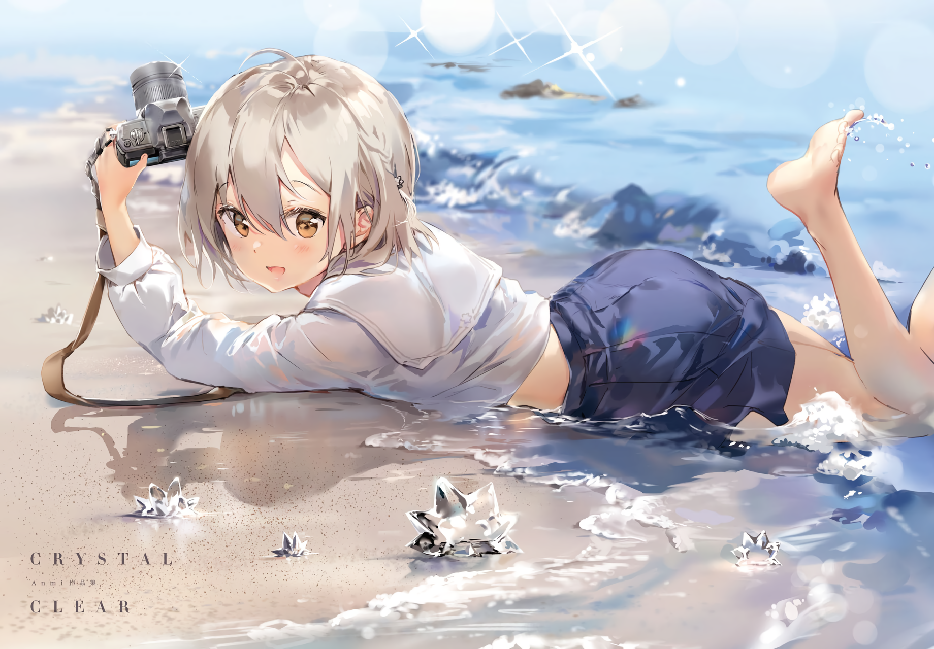 beach, barefoot, water, skirt, schoolgirl, brown eyes, camera, braids, short hair, solo, blush, Anmi, HD Wallpaper
