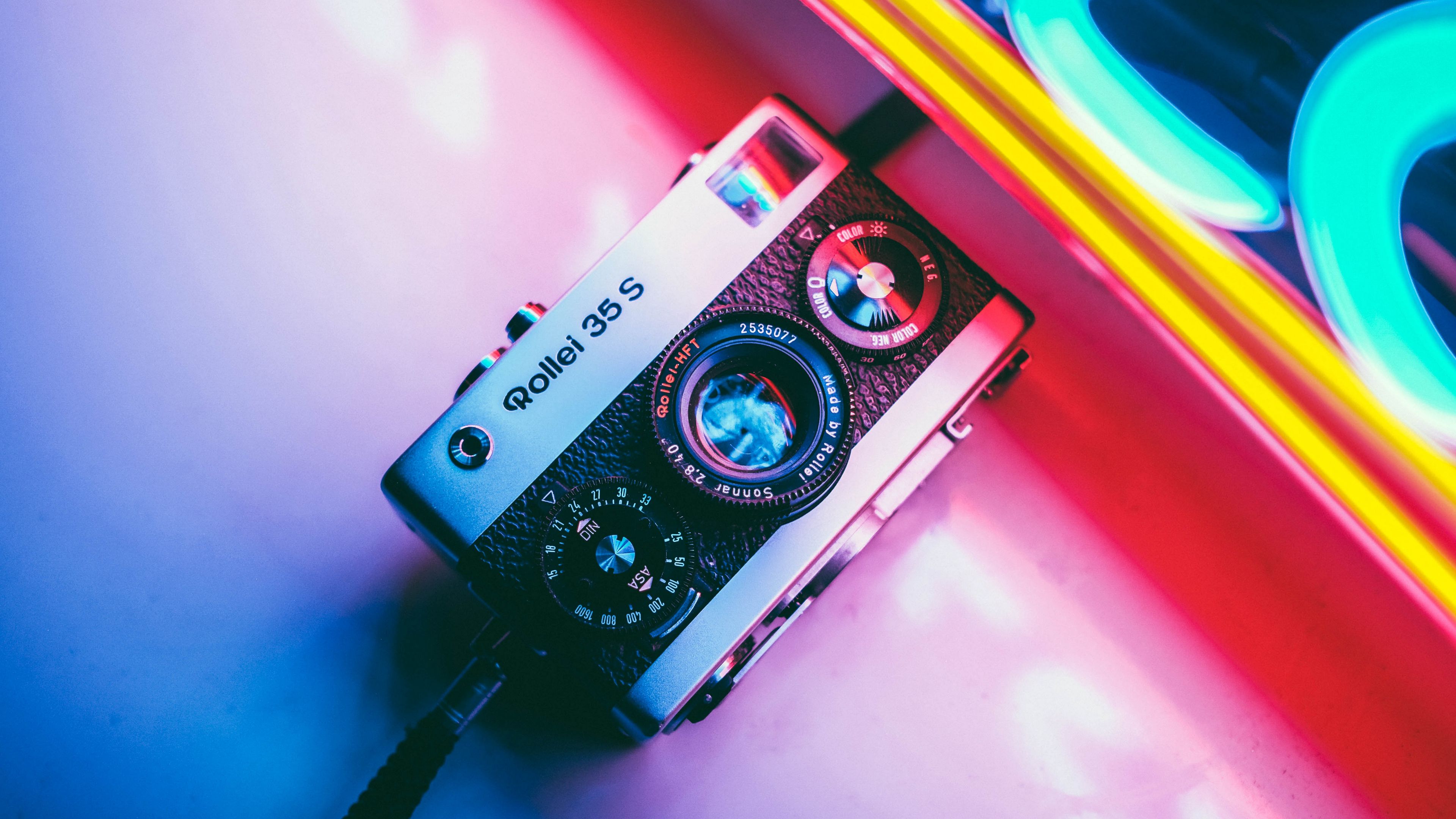 camera, neon, retro, light, colorful, 4k, HD Wallpaper