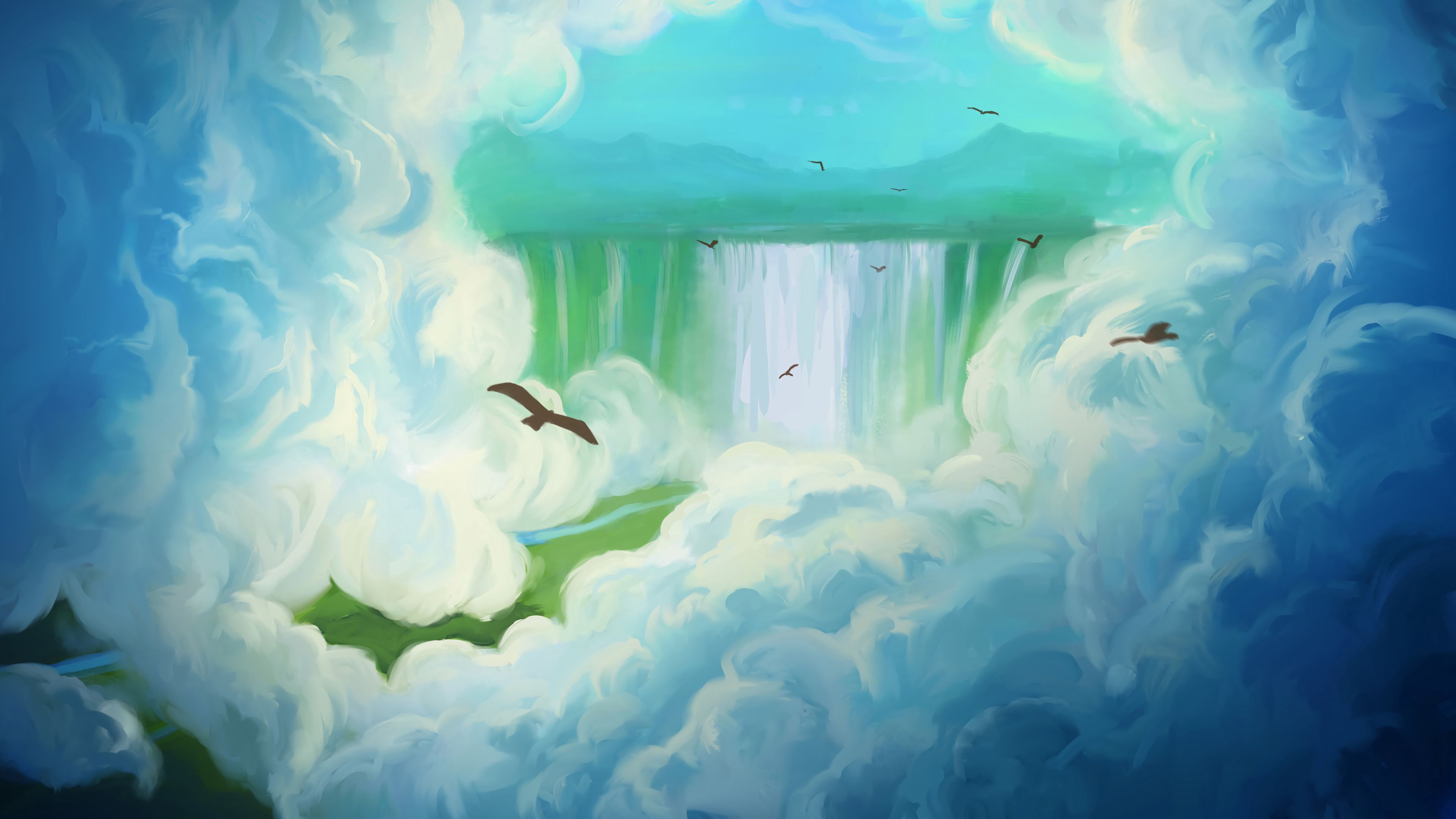 bird, waterfall, clouds, art, 4k, HD Wallpaper