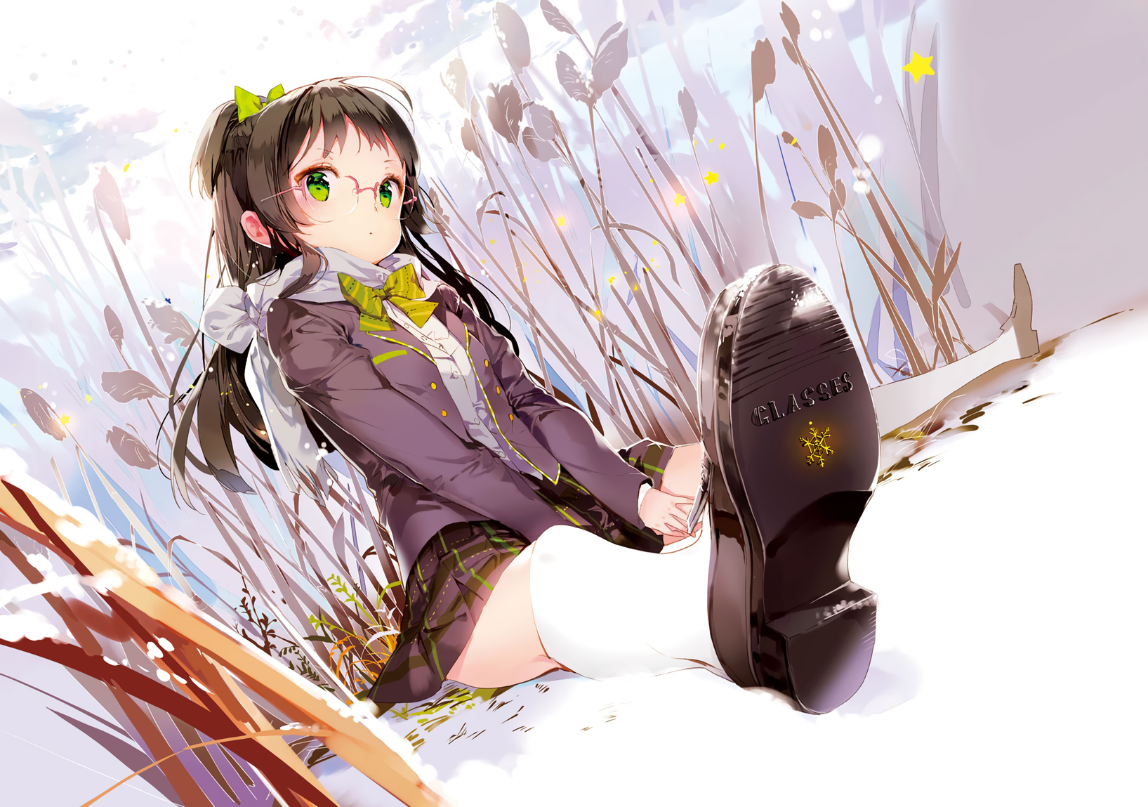 Anmi, green eyes, skirt, glasses, snow, bow, scarf, scan, HD Wallpaper