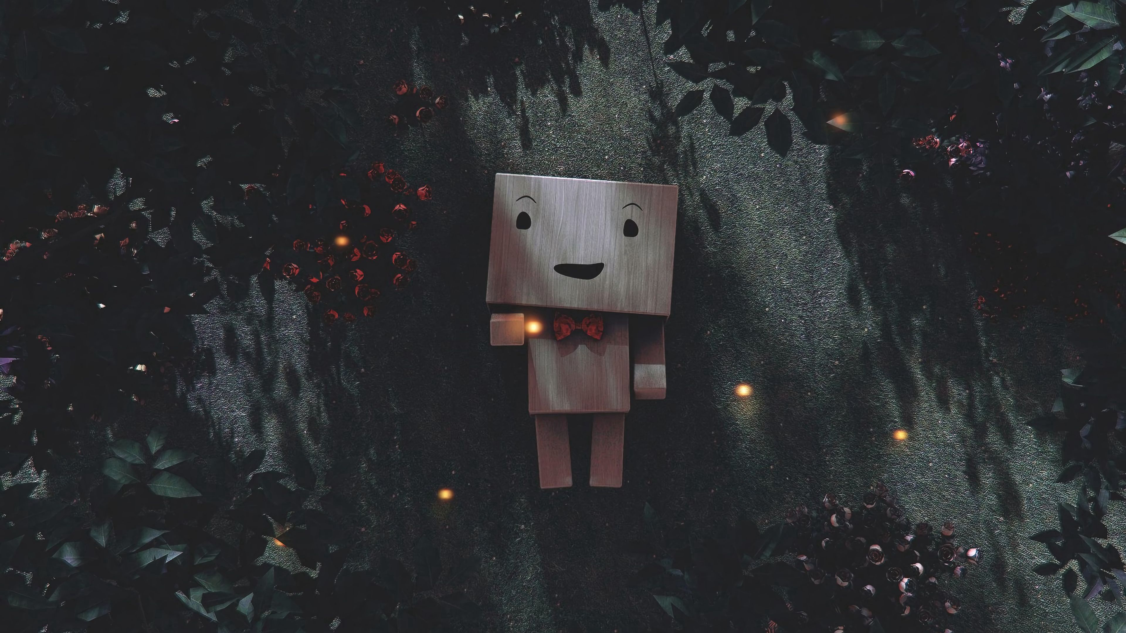 danbo, cardboard robot, branches, leaves, 4k, HD Wallpaper