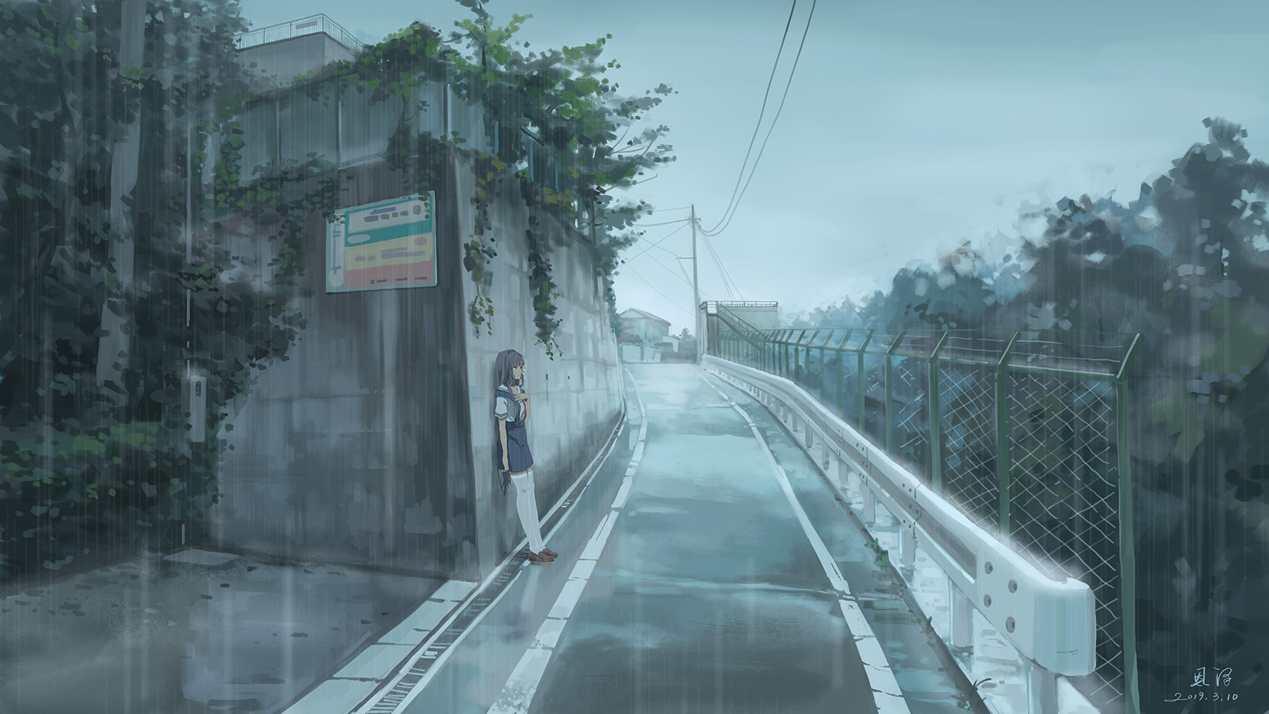 Clannad, anime girls, 2D, school uniform, JK, rain, long hair, violet hair, Fujibayashi Kyou, fan art, visual novel, wet clothing, white stockings, HD Wallpaper
