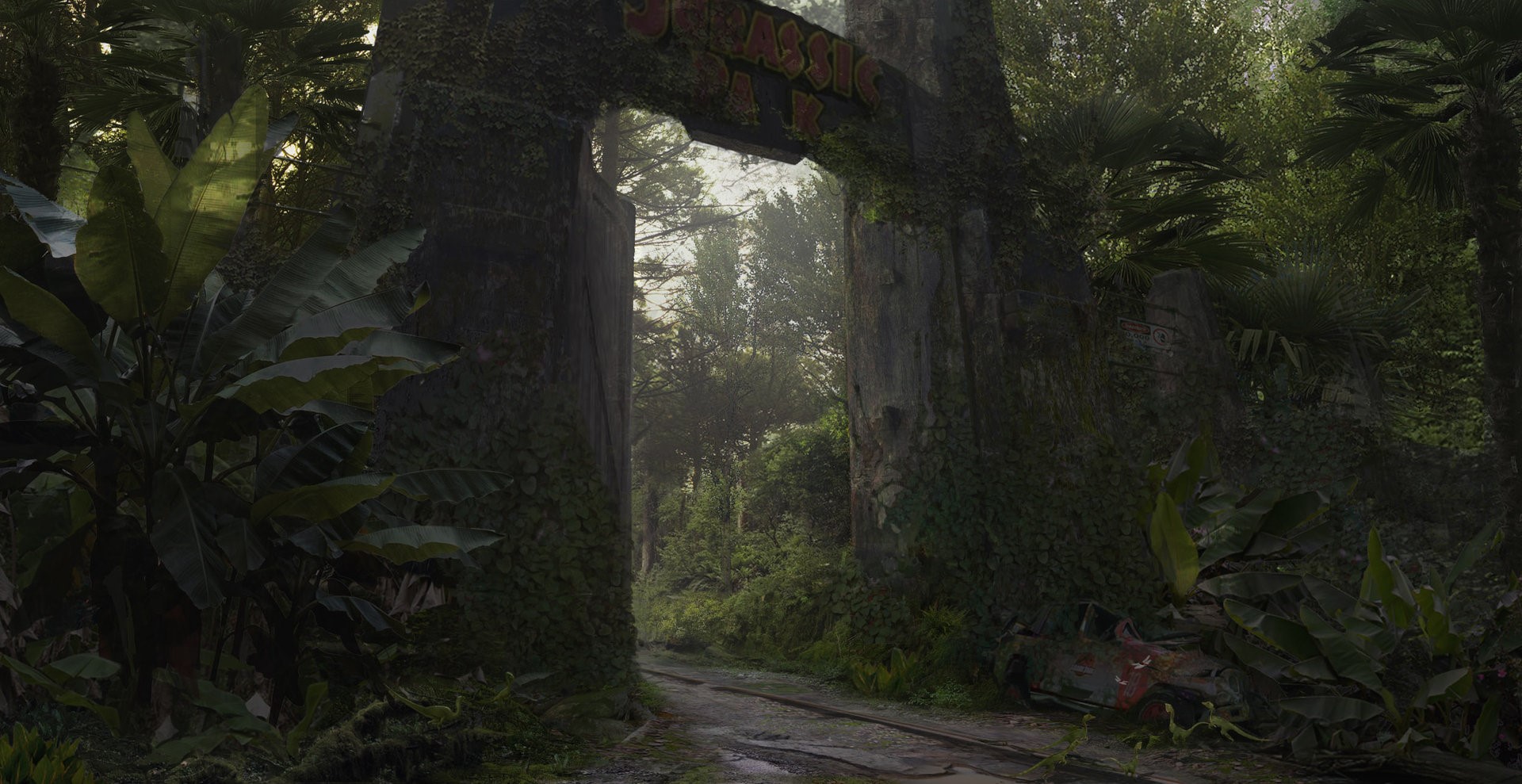 plants, Jeep, moss, trees, forest, gates, Jurassic Park, fence, road, ruins, leaves, Isla Nublar, HD Wallpaper