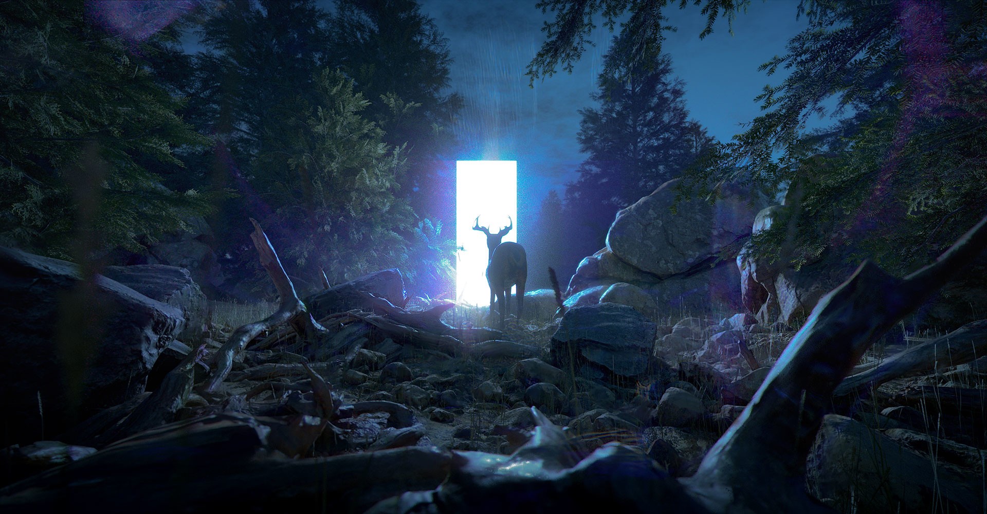 digital, artwork, concept art, rocks, dead trees, trees, plants, deer, gates, door, night, glowing, Jakub Javora, HD Wallpaper