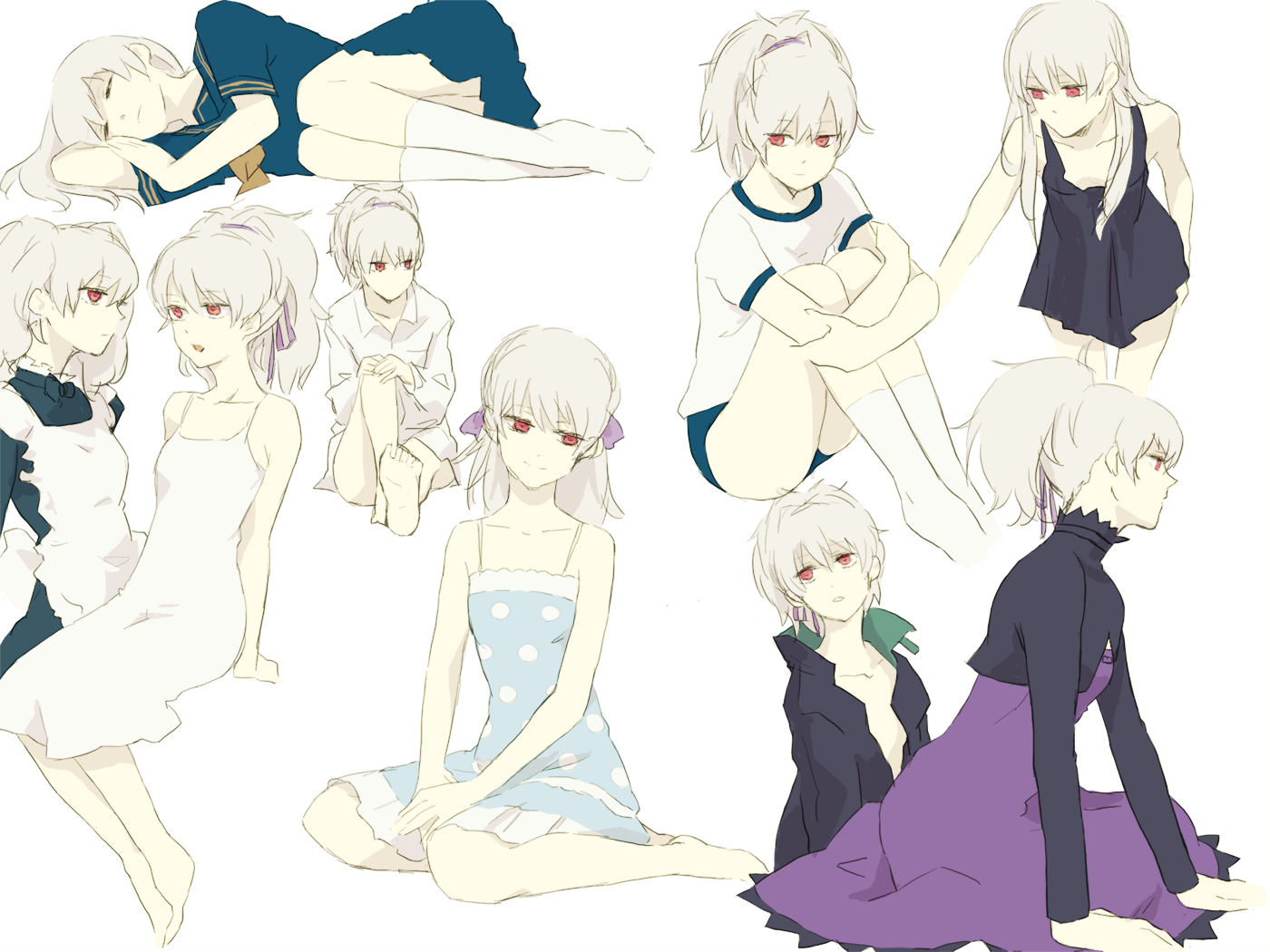 Darker than Black, anime girls, 2D, simple background, long hair, grey hair, thighs, small boobs, no bra, ponytail, twintails, white dress, black dress, maid outfit, red eyes, Yin, fan art, HD Wallpaper