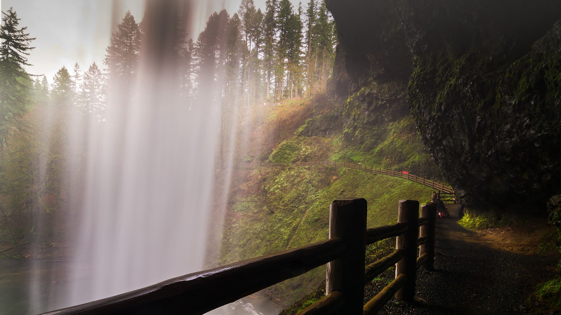 nature, landscape, fence, water, path, trees, rocks, long exposure, moss, Monsoon, waterfall, South Falls, Oregon, USA, HD Wallpaper
