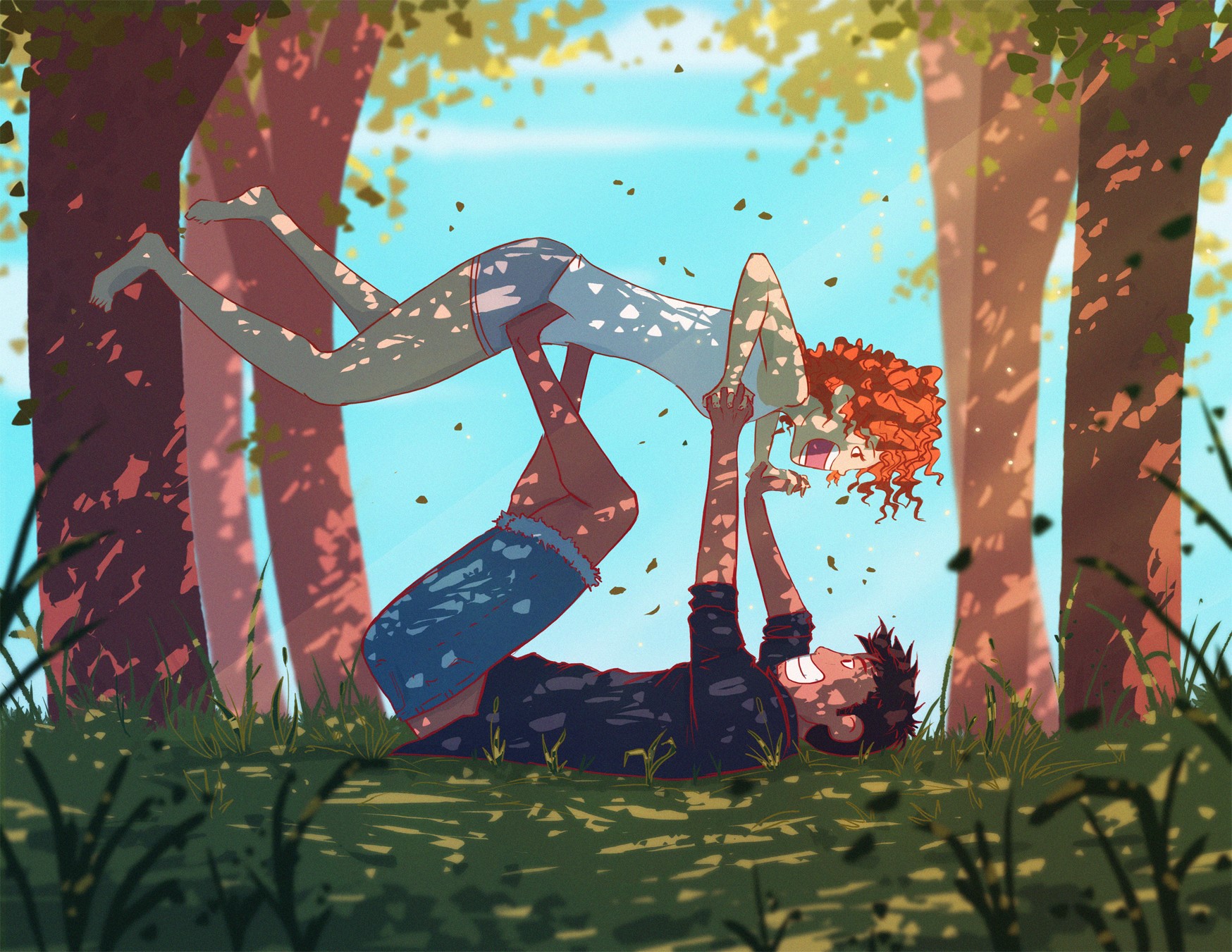 Christian Benavides, digital art, illustration, colorful, couple, nature, trees, sunlight, grass, men, women, redhead, HD Wallpaper