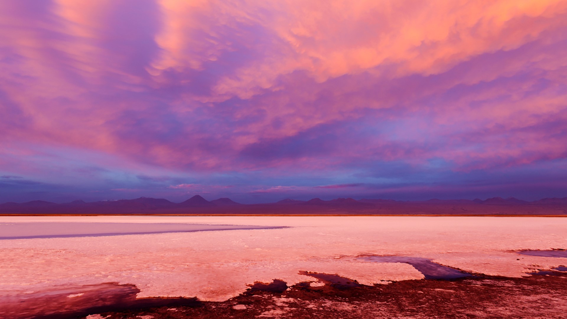 nature, landscape, lake, mountains, water, clouds, sky, sunset, pink, Laguna Tebinquiche, Chile, HD Wallpaper