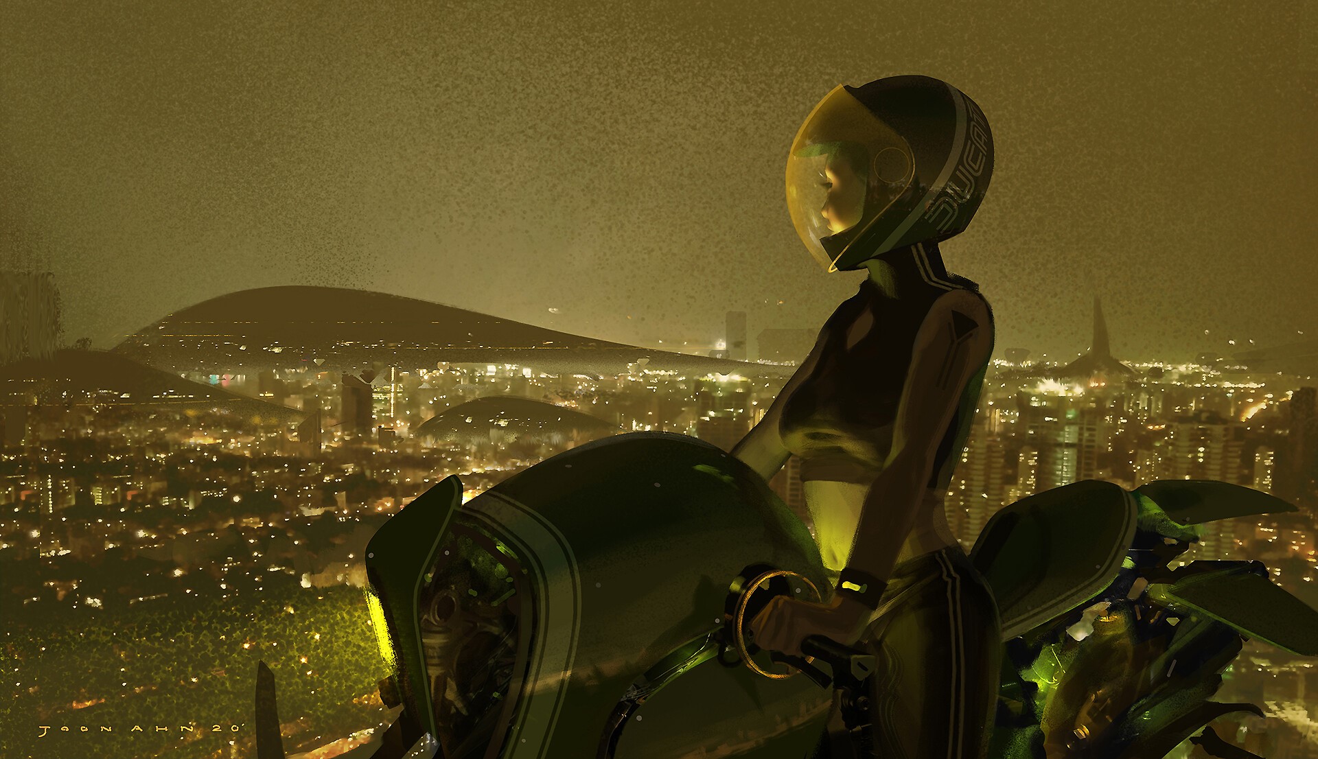 women, motorcycle, city, digital art, helmet, cityscape, lights, night, science fiction, HD Wallpaper