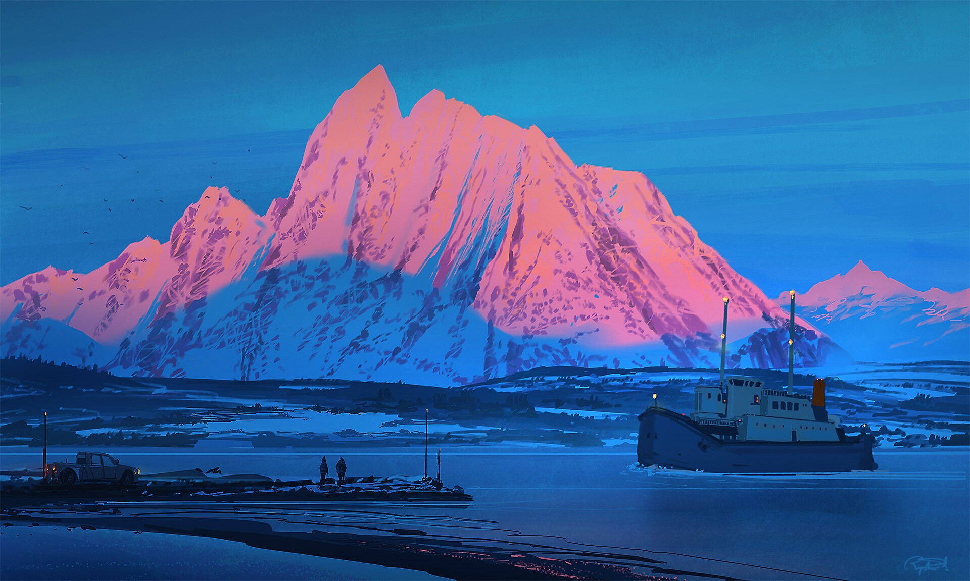 winter, snow, mountains, boat, digital art, lightning, truck, environment, Raphael Lacoste, HD Wallpaper
