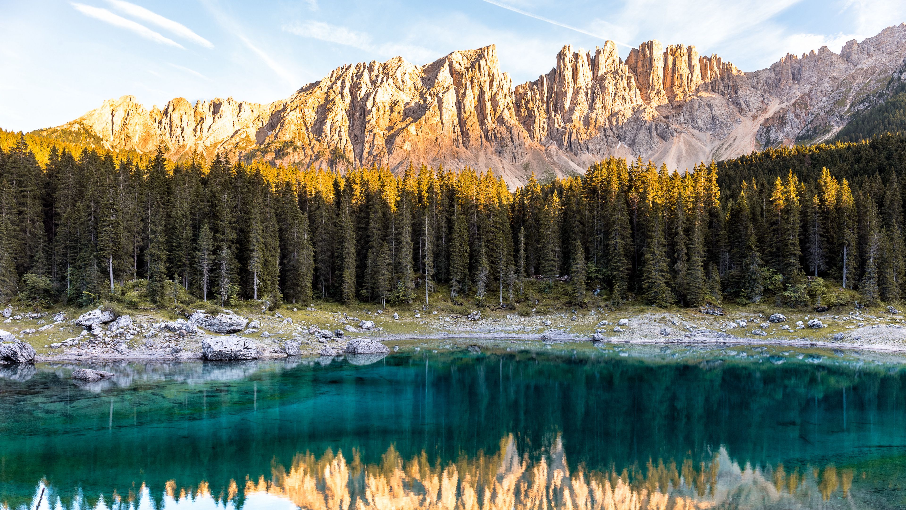 lake, mountains, trees, reflection, landscape, italy, 4k, HD Wallpaper