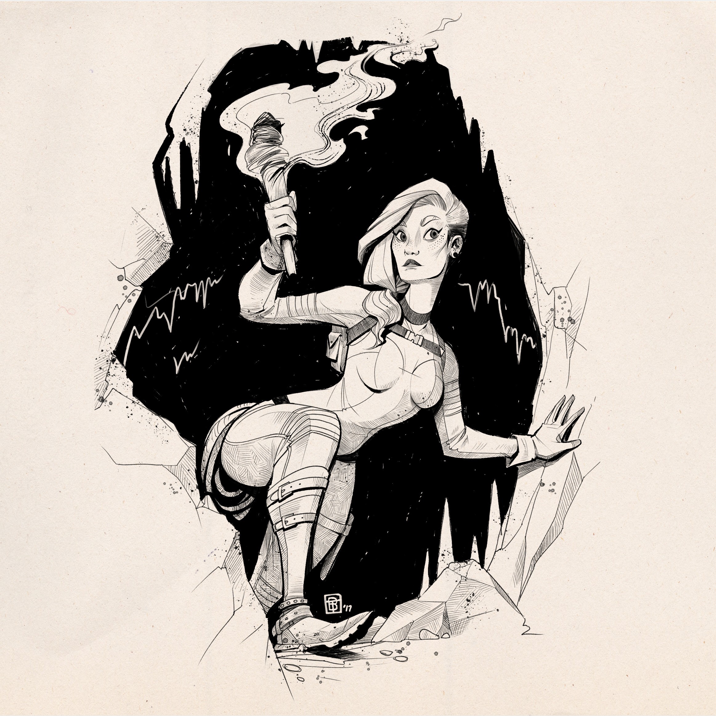 Tess Brownson, drawing, women, monochrome, pencil drawing, paper, costumes, illustration, explorer, torches, cave, HD Wallpaper
