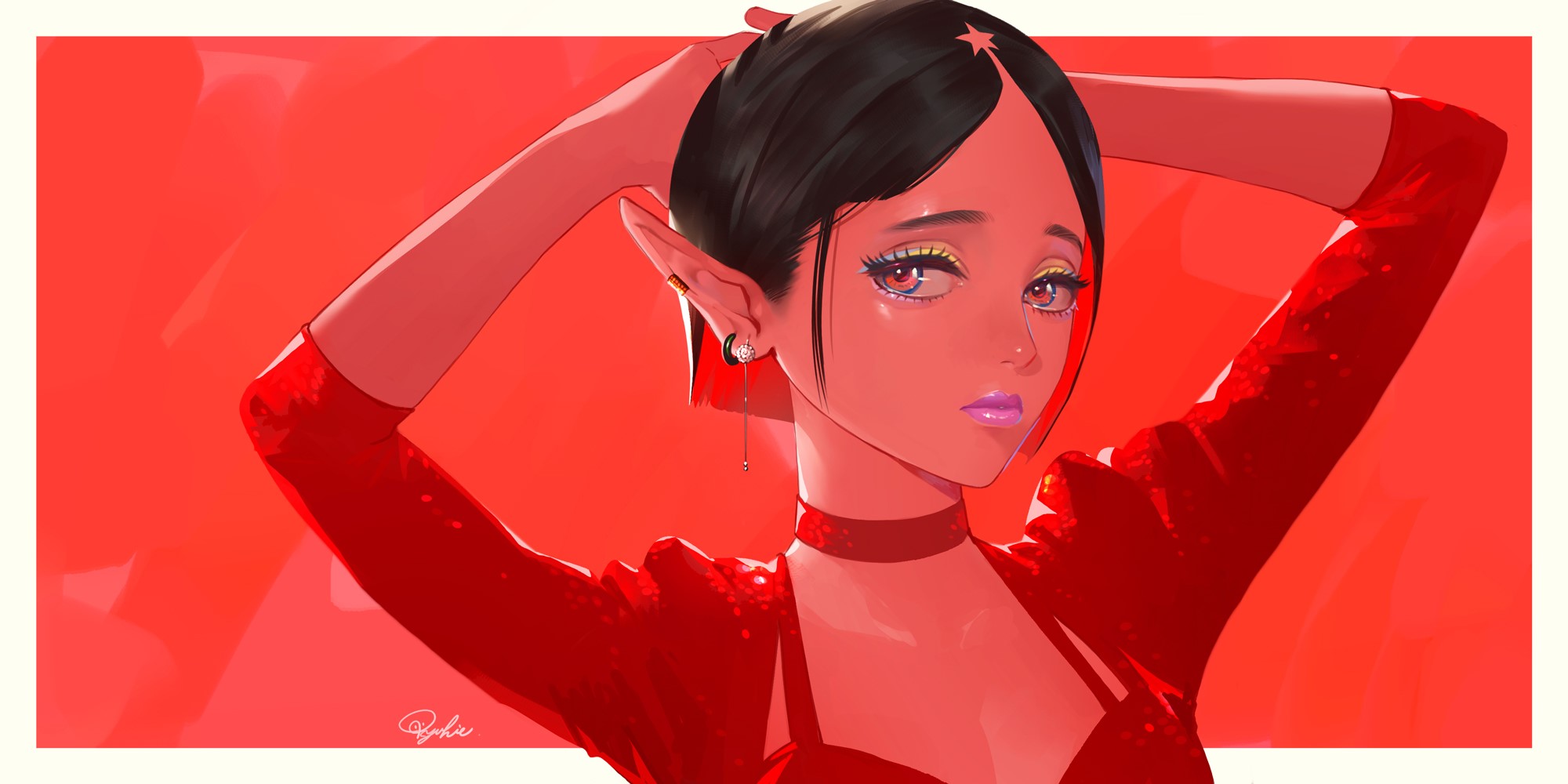 black hair, pointed ears, red, dark skin, red eyes, choker, HD Wallpaper