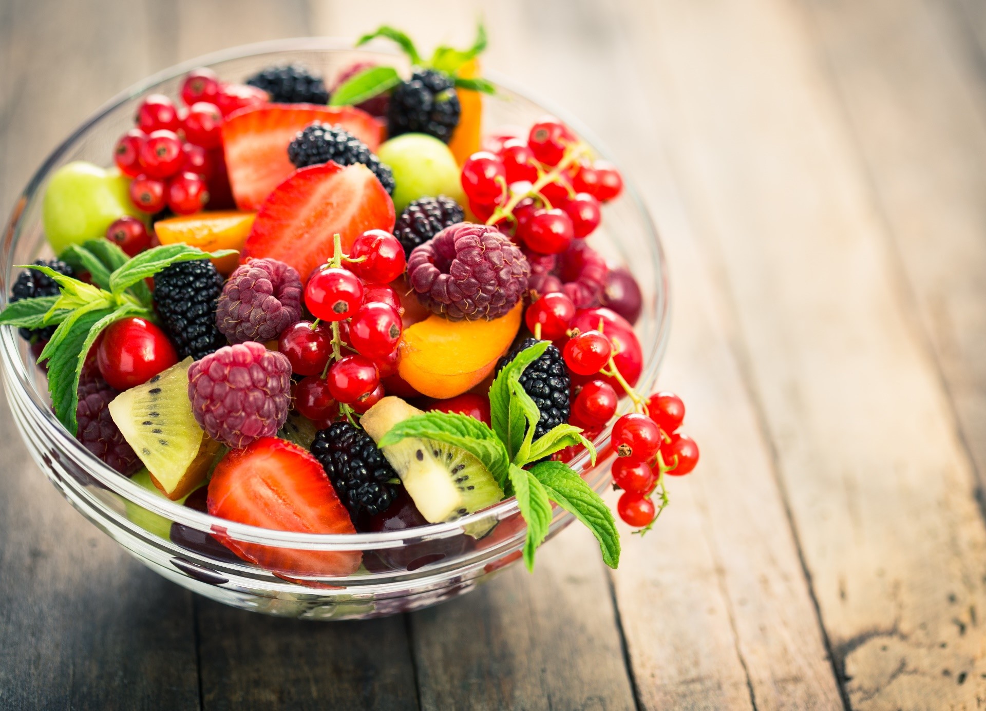 food, colorful, fruit, berries, raspberries, blackberries, strawberries, red currant, kiwi (fruit), mint leaves, bowls, wooden surface, HD Wallpaper