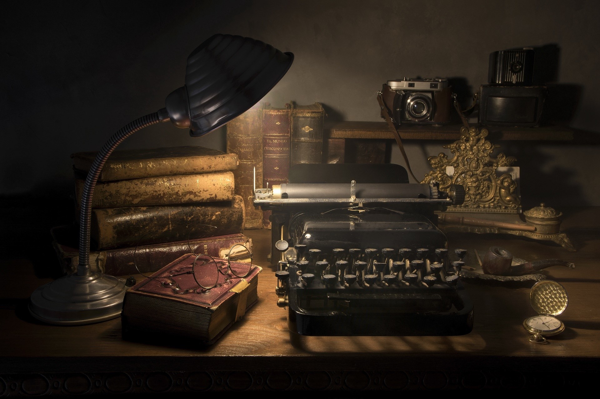 dark, typewriters, books, HD Wallpaper