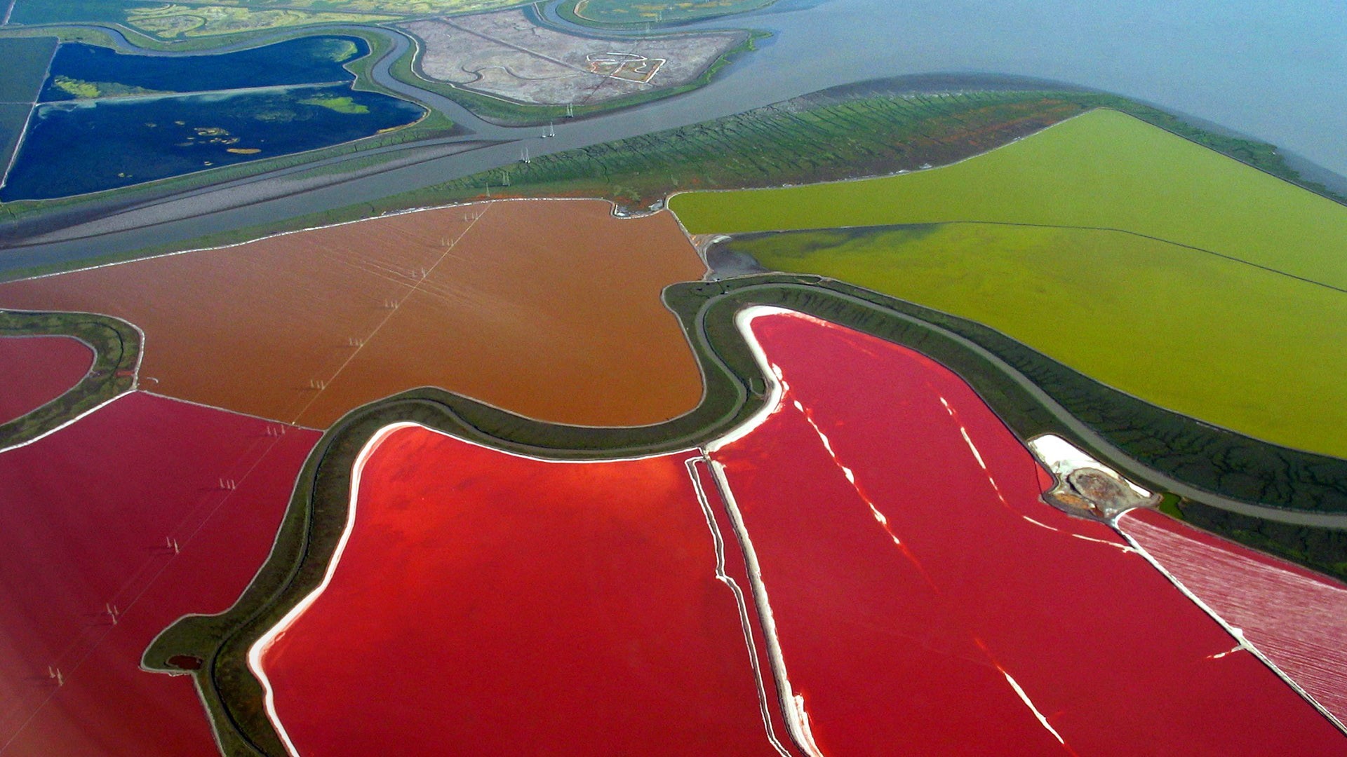 nature, landscape, field, power lines, aerial view, salt, pond, San Francisco Bay, California, USA, HD Wallpaper