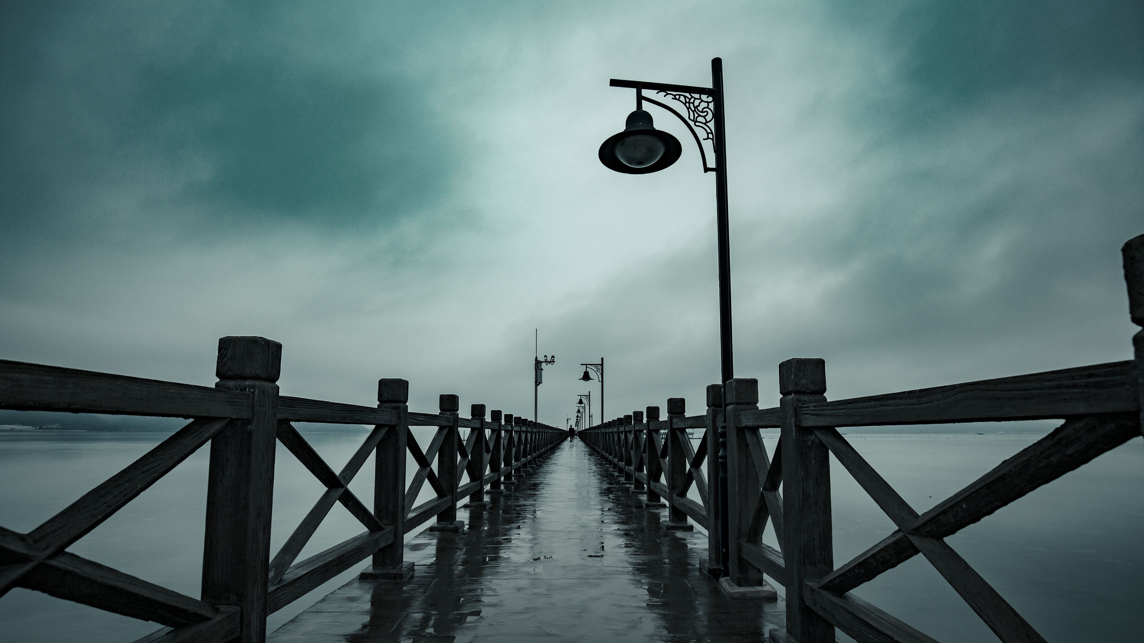 pier, fog, moisture, lights, railings, 4k, HD Wallpaper