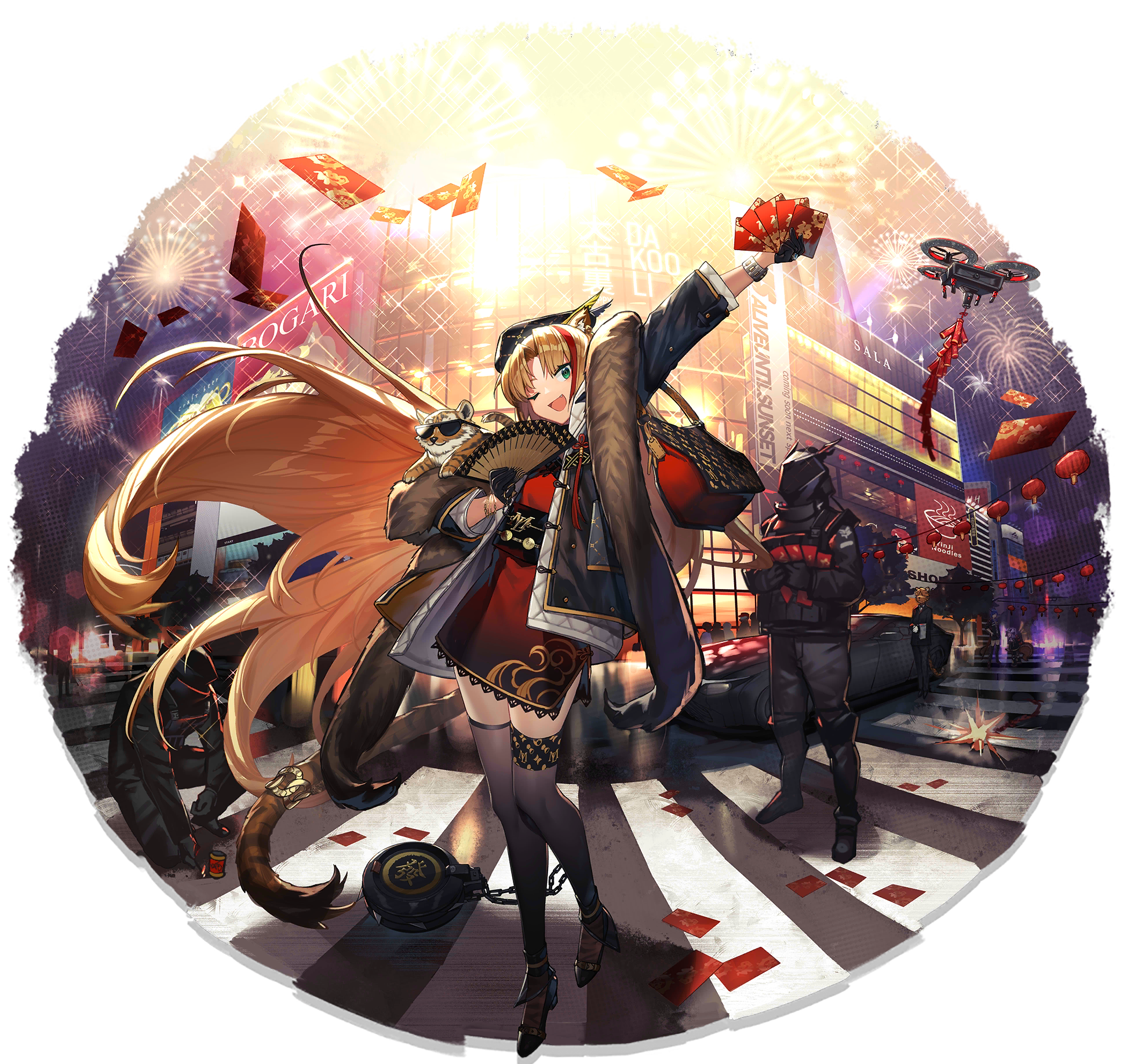 Arknights, anime, Spring Festival, Swire (Arknights), fireworks, road, drone, folding fan, car, silk stockings, tiger, sunglasses, handbags, fur coats, flail, lantern, HD Wallpaper