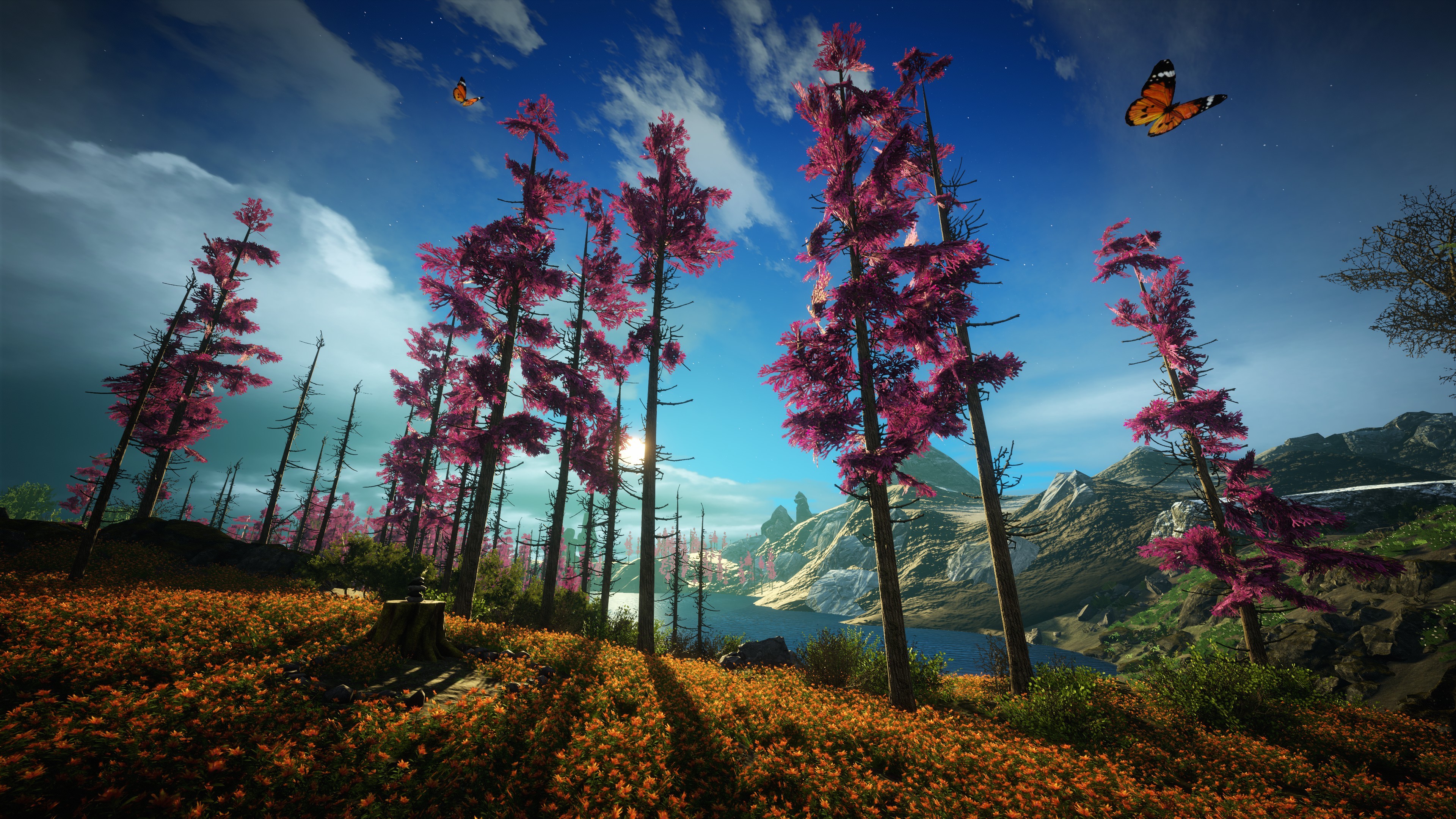 mountains, clouds, flowers, nature, forest, trees, HD Wallpaper