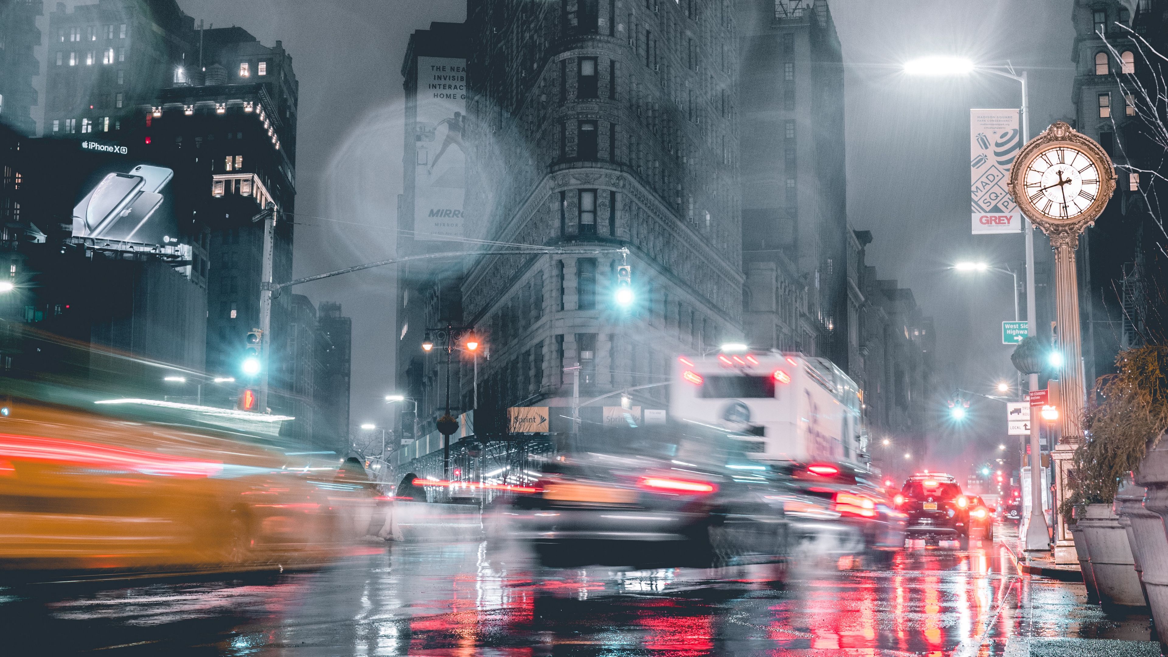 night city, street, glare, long exposure, movement, architecture, 4k, HD Wallpaper