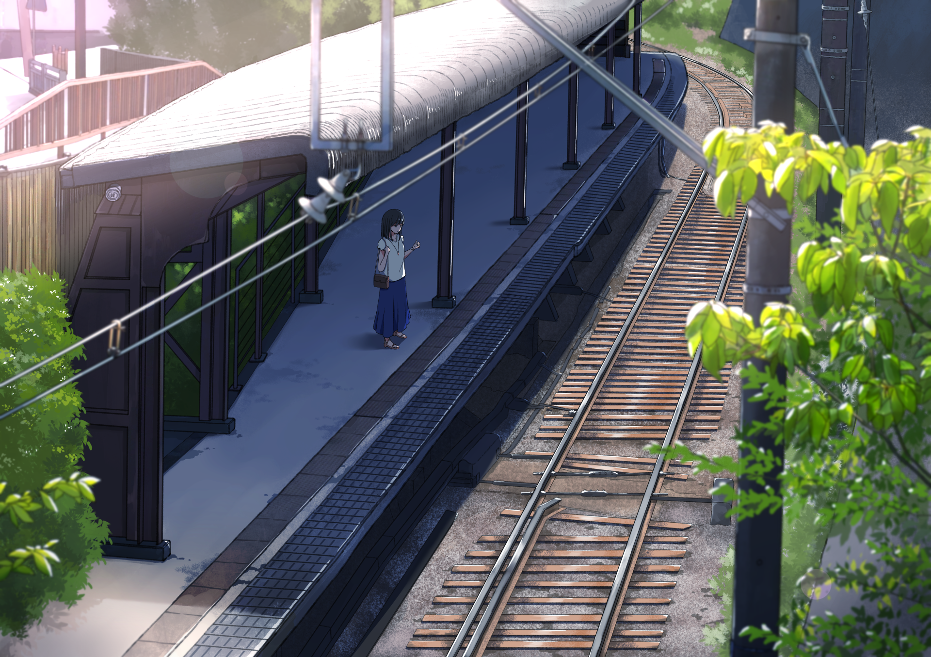 anime, anime girls, train station, Sun, HD Wallpaper