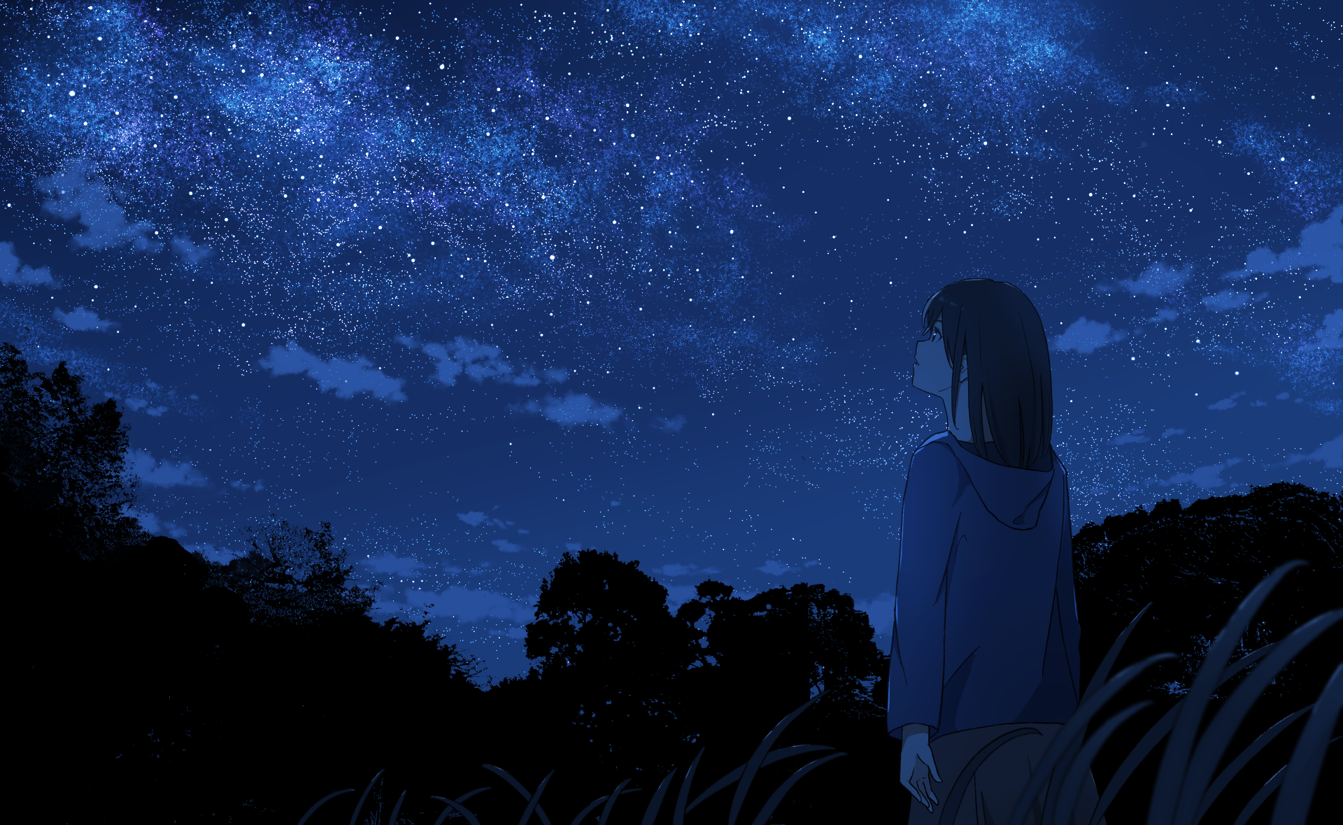 anime, anime girls, landscape, sky, stars, clouds, HD Wallpaper