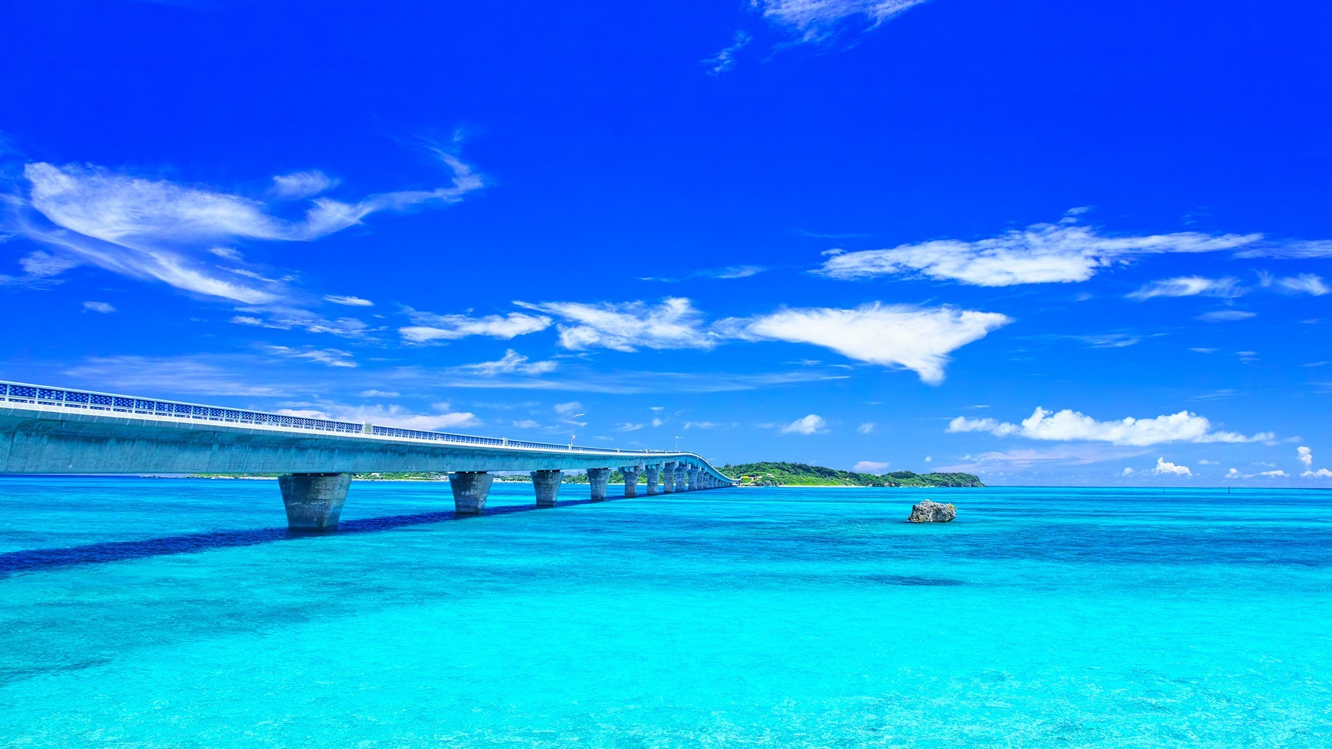 nature, landscape, bridge, clouds, sky, rock, clear water, trees, island, Miyako-Jima, Japan, Okinawa, HD Wallpaper