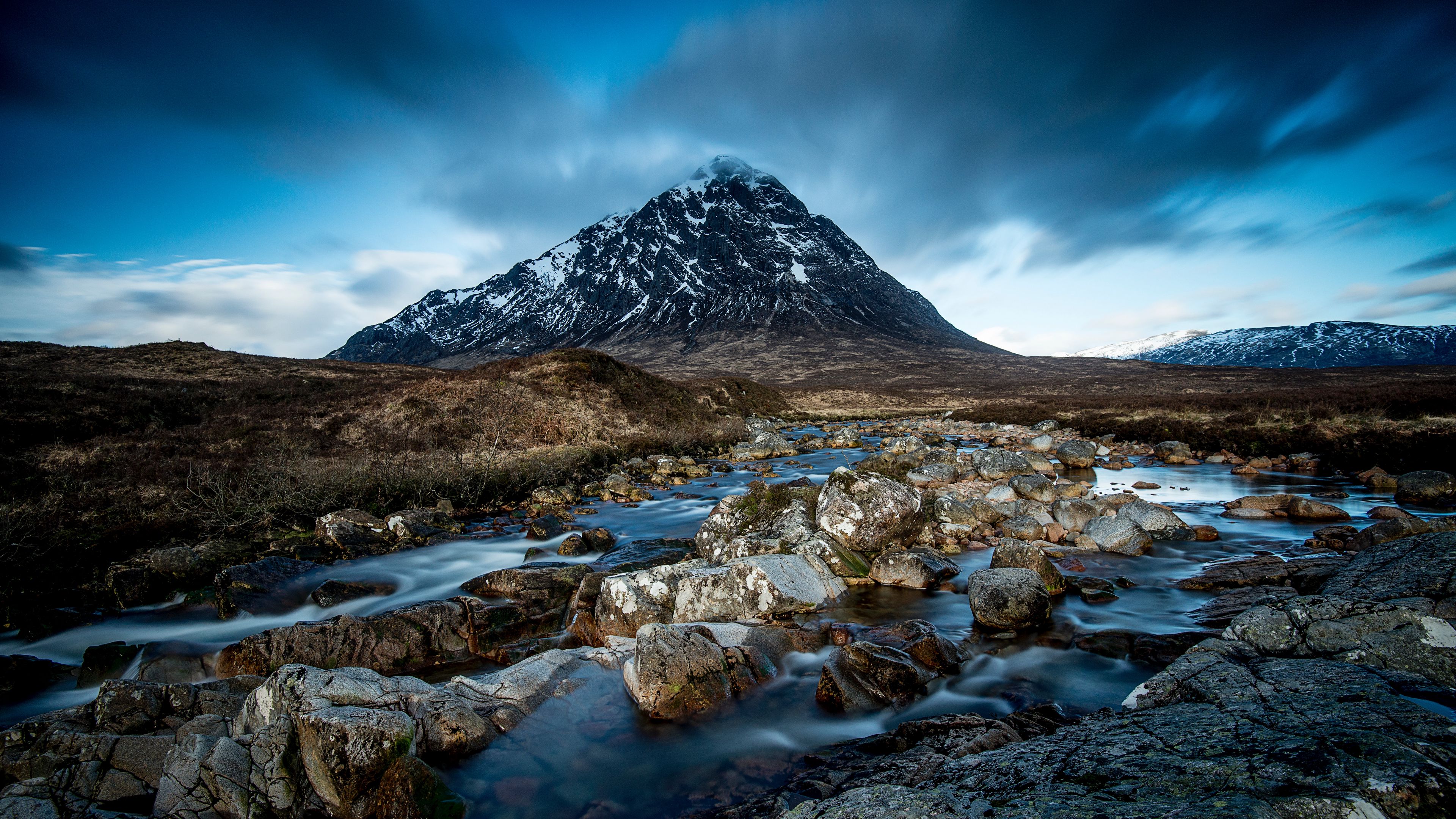 mountain, river, stones, clouds, sky, landscape, water, current, 4k, HD Wallpaper