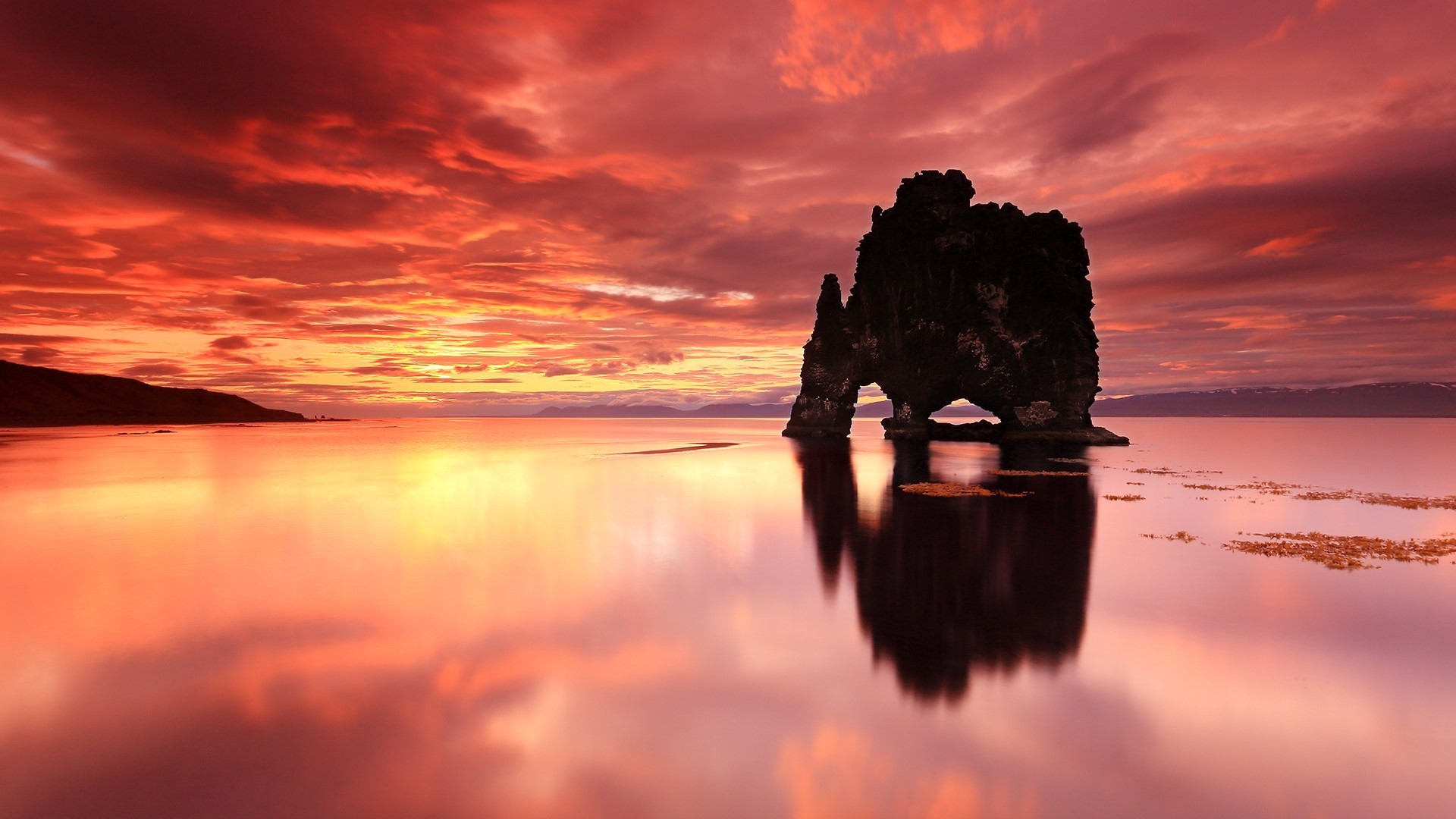 nature, landscape, water, reflection, long exposure, mountains, clouds, sky, sunset, horizon, Hvítserkur, Iceland, HD Wallpaper