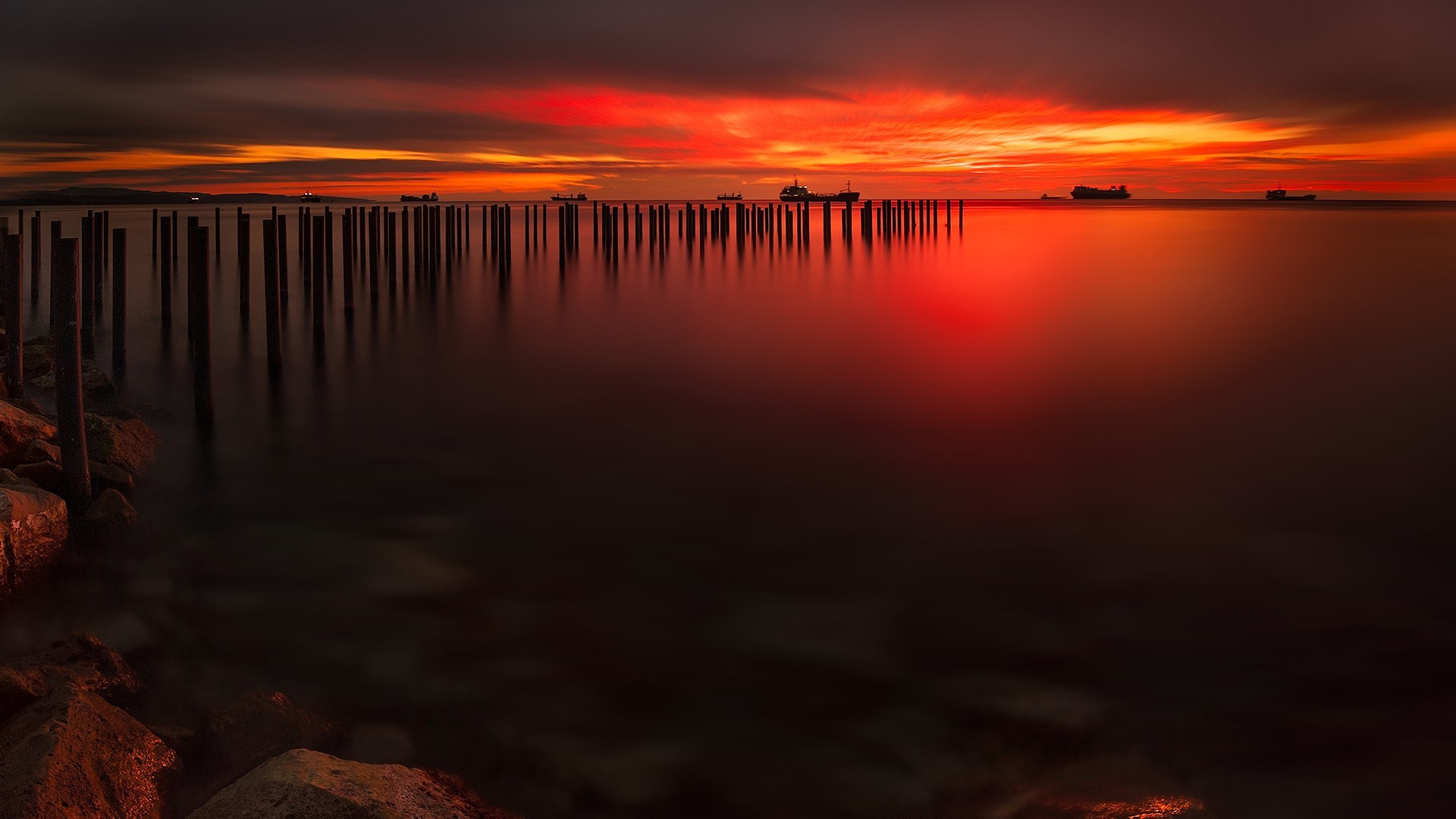 nature, landscape, water, horizon, long exposure, rocks, ship, clouds, sky, sunset, mountains, Cyprus, HD Wallpaper