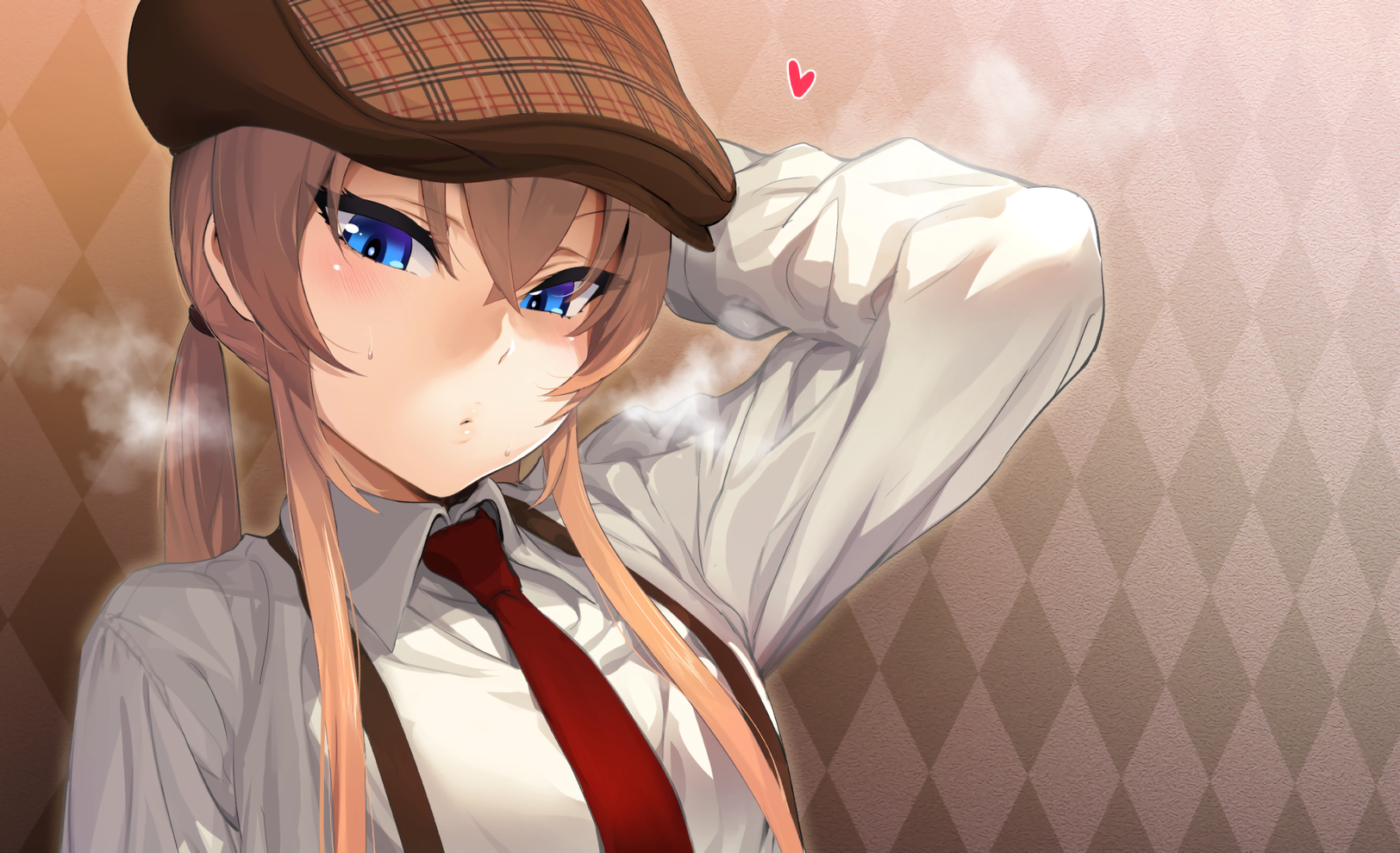 blonde, blue eyes, long hair, blush, hat, heart, shirt, tie, twintails, HD Wallpaper