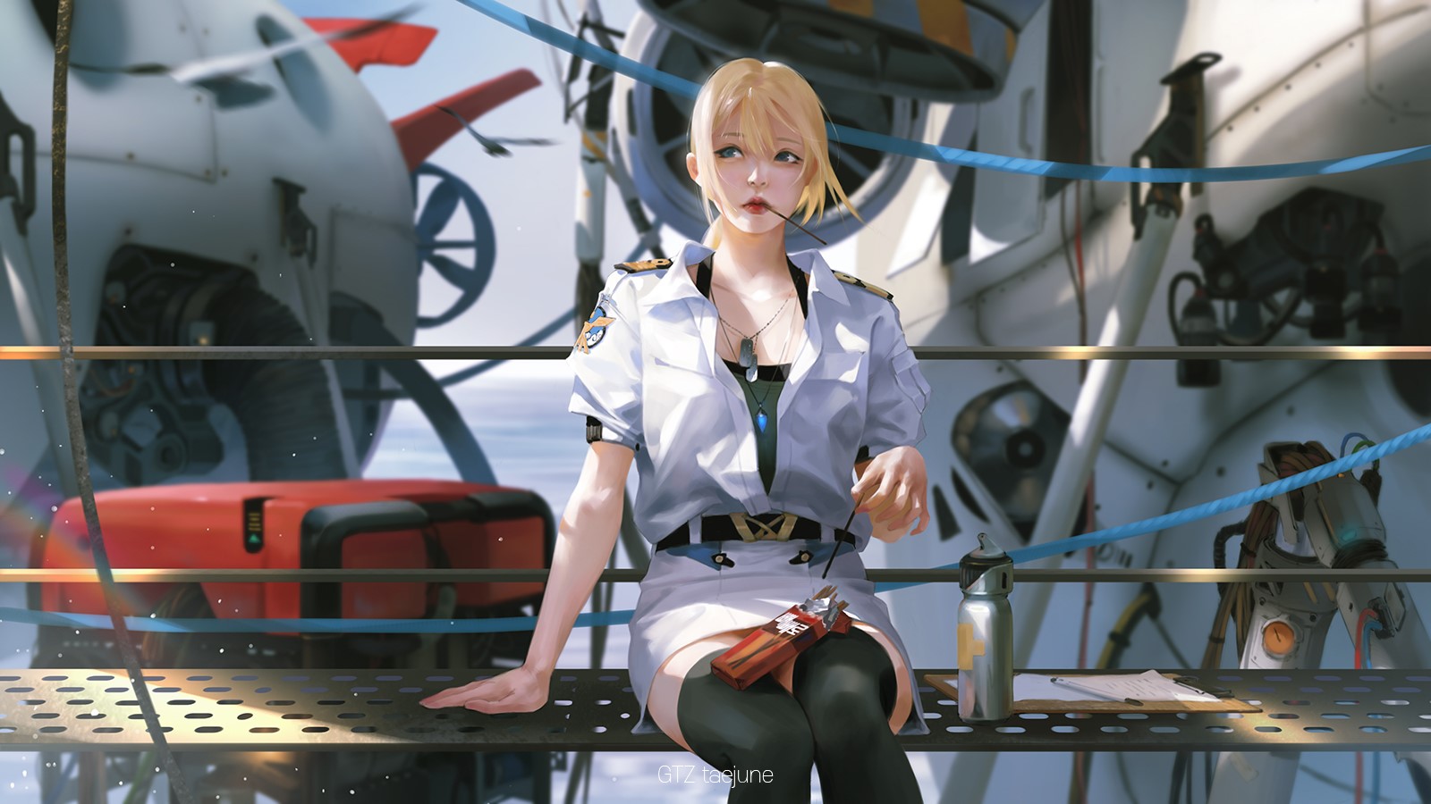 anime, anime girls, digital art, artwork, 2D, portrait, Taejune Kim, short hair, blonde, airplane, socks, anime girls eating, sky, HD Wallpaper