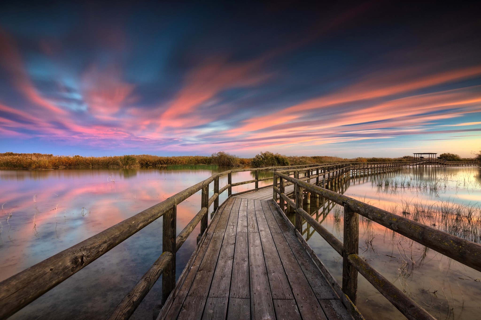 sky, nature, landscape, outdoors, clouds, wooden walkway, HD Wallpaper