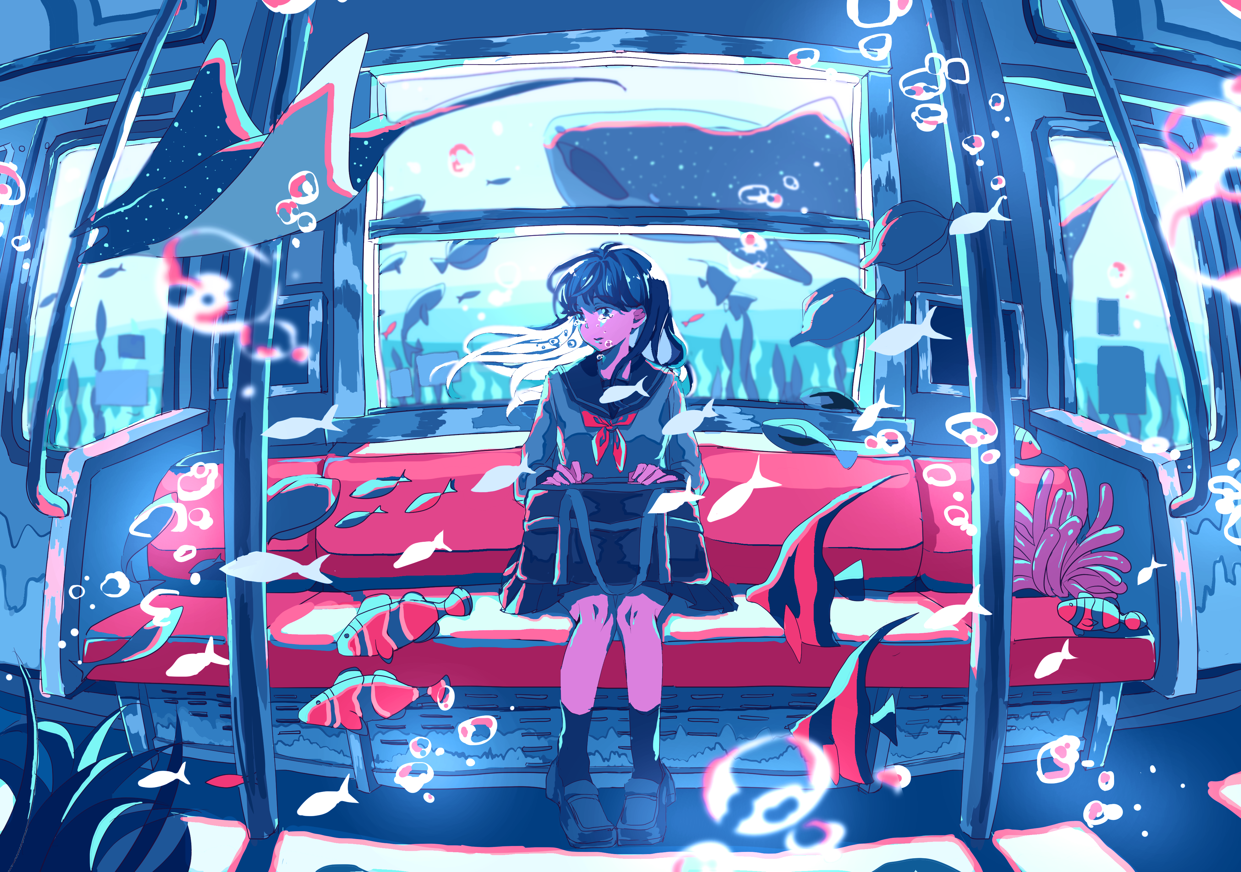 anime, anime girls, train, crying, school uniform, bubble, fish, landscape, HD Wallpaper