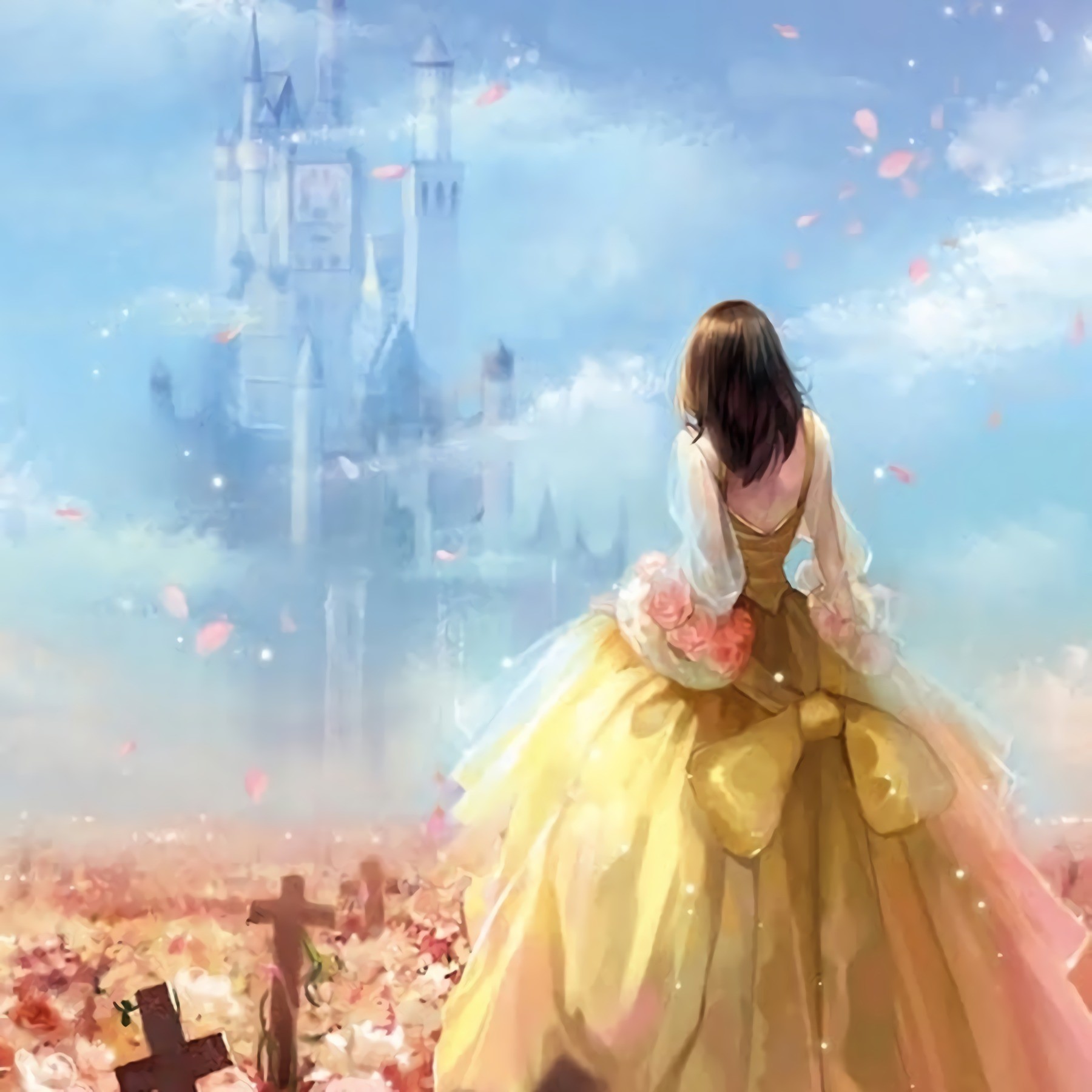women, castle, sky, dress, HD Wallpaper