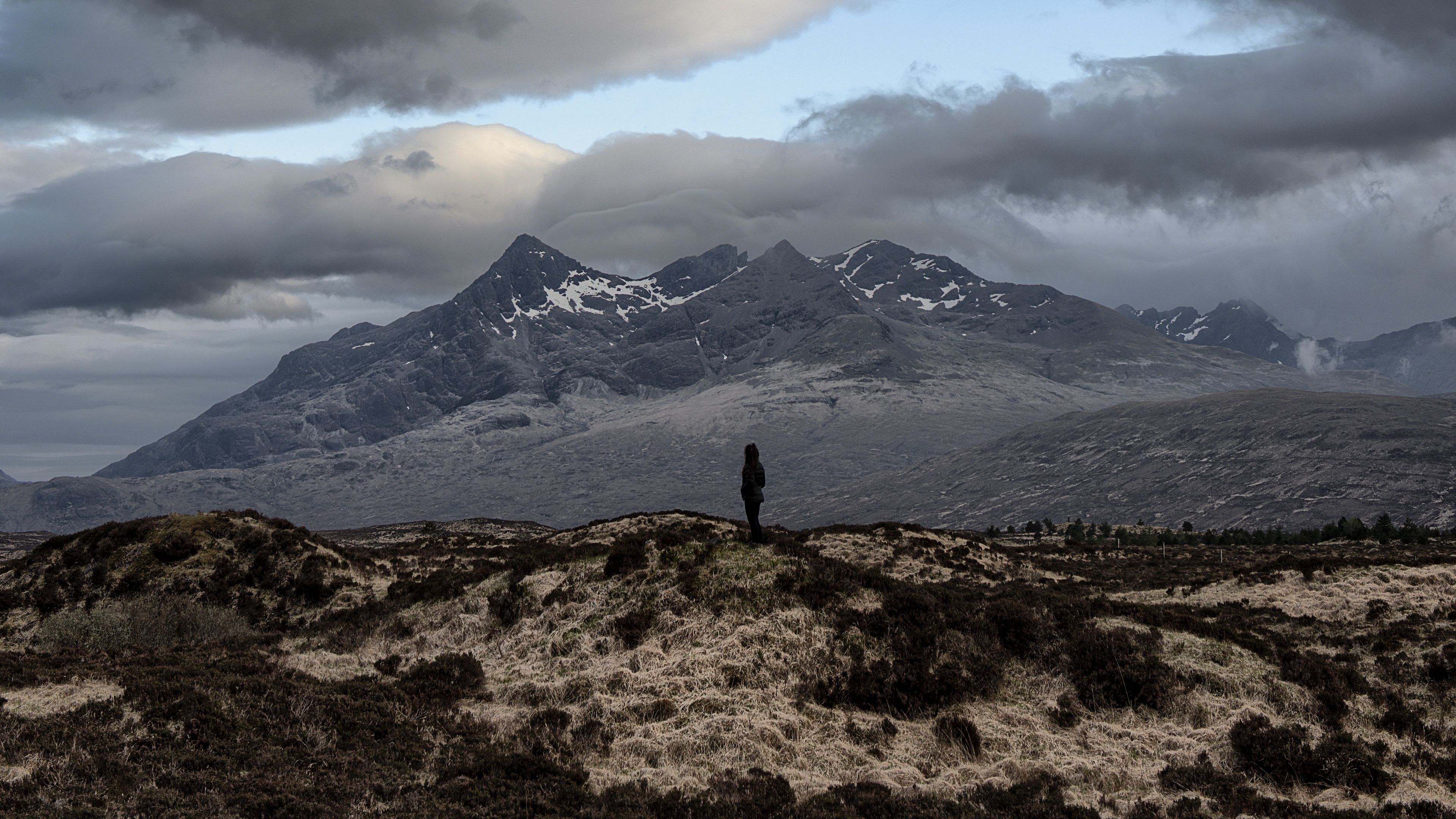 mountains, silhouette, clouds, overcast, loneliness, solitude, 4k, HD Wallpaper