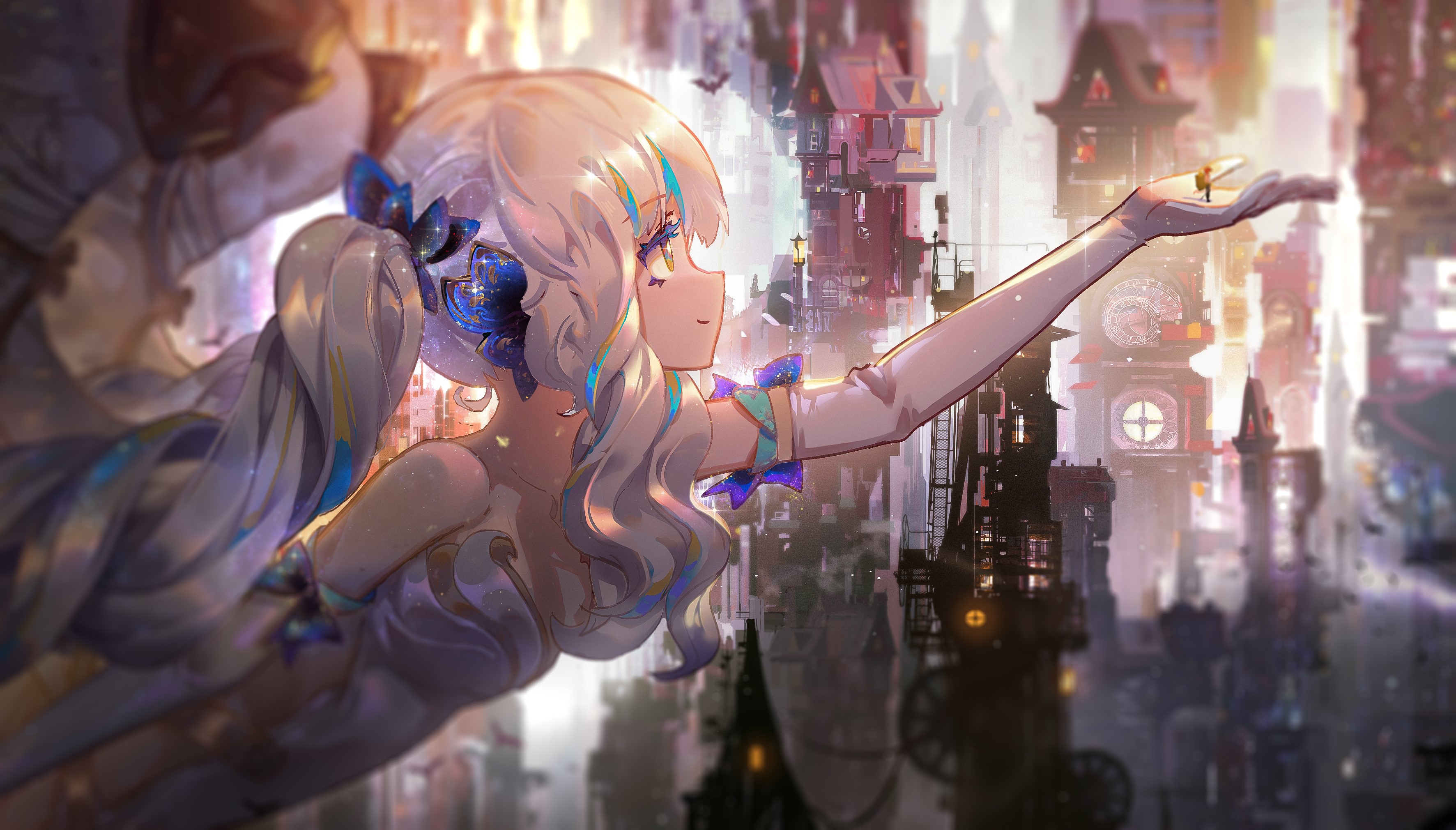 city, machine, anime, anime girls, fantasy girl, blonde, HD Wallpaper
