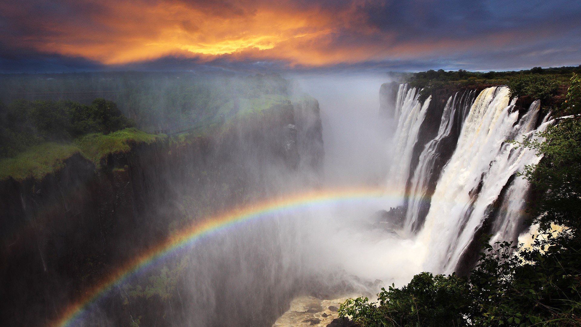 nature, landscape, waterfall, trees, forest, water, clouds, mist, sunset, bridge, rocks, Victoria Falls, Zambia, HD Wallpaper