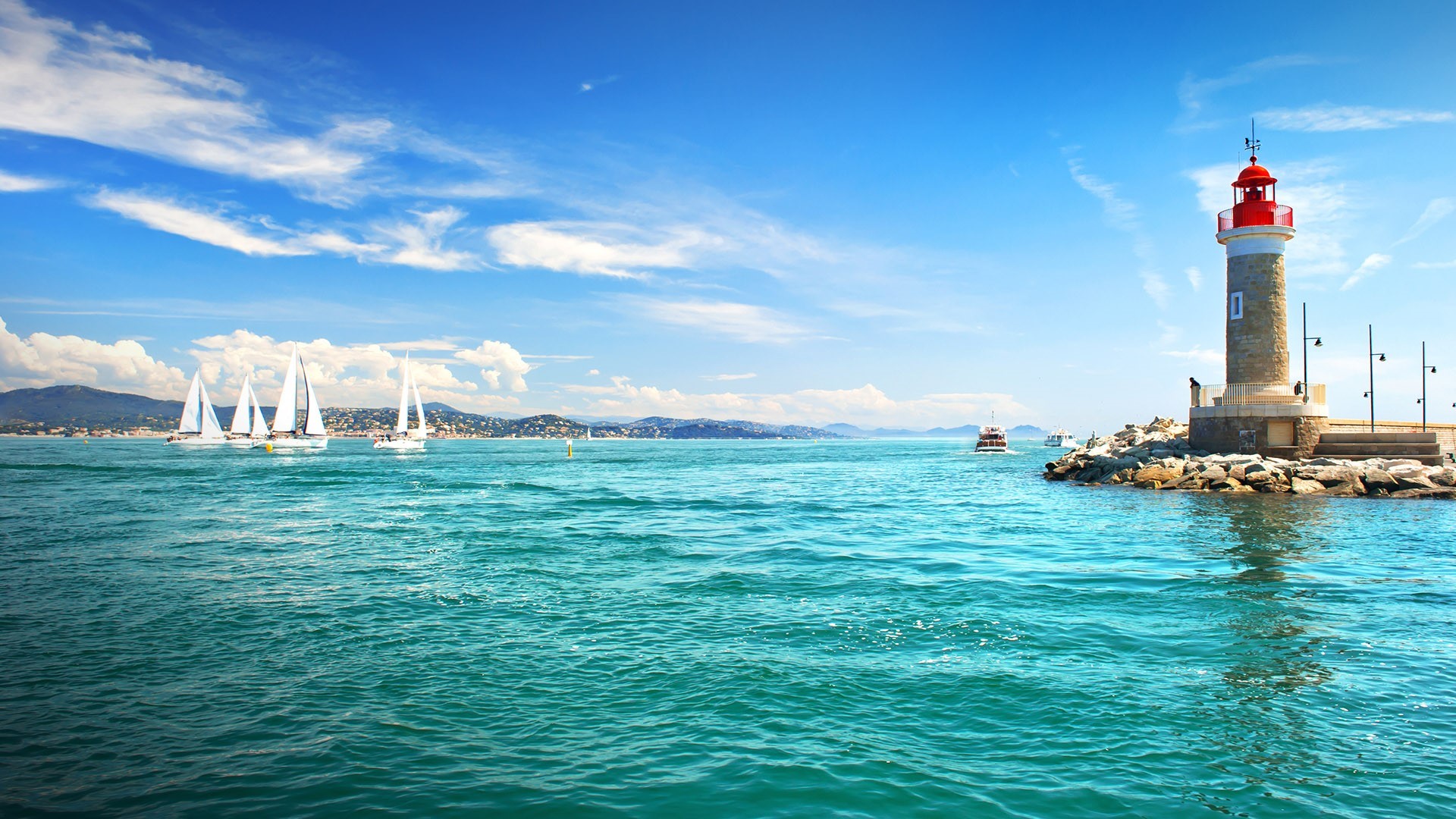 nature, landscape, clouds, sky, water ripples, sailboats, sailing, light house, rocks, mountains, town, boat, Saint Tropez, France, Mediterranean Sea, HD Wallpaper
