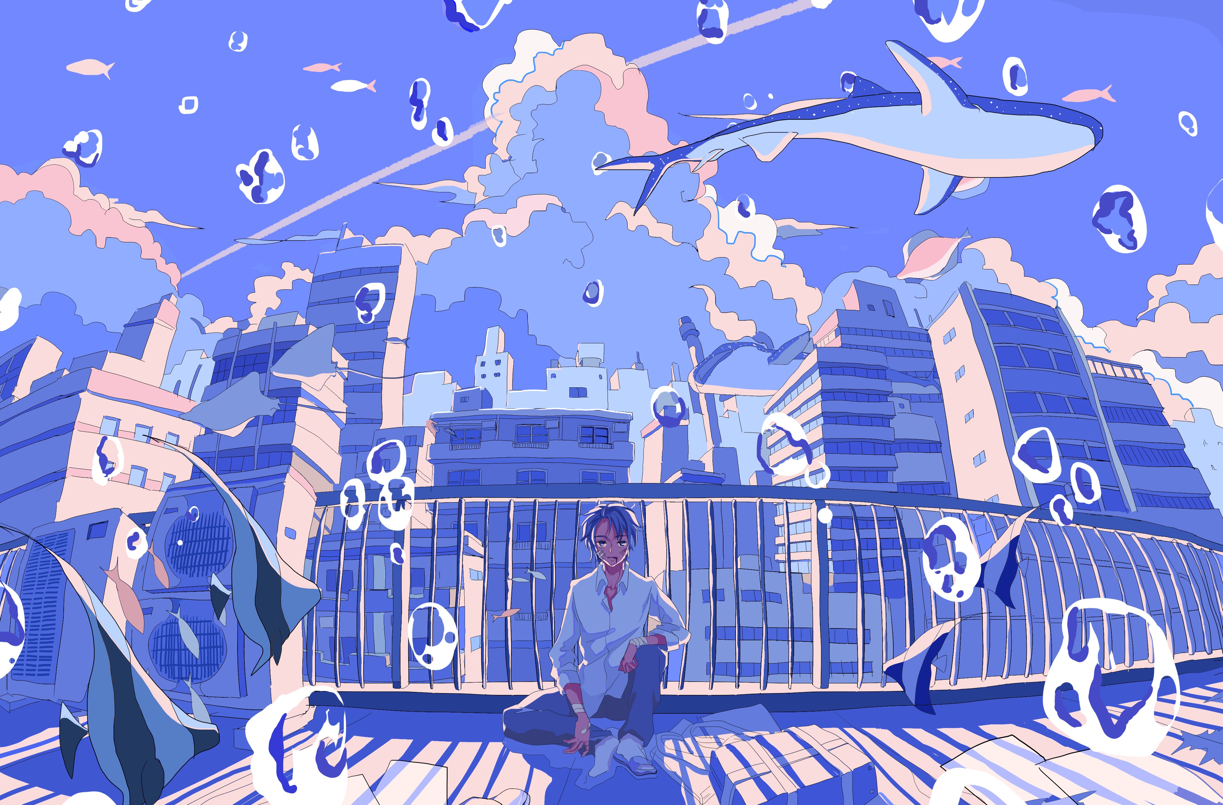 anime, anime boys, city, clouds, sky, landscape, HD Wallpaper