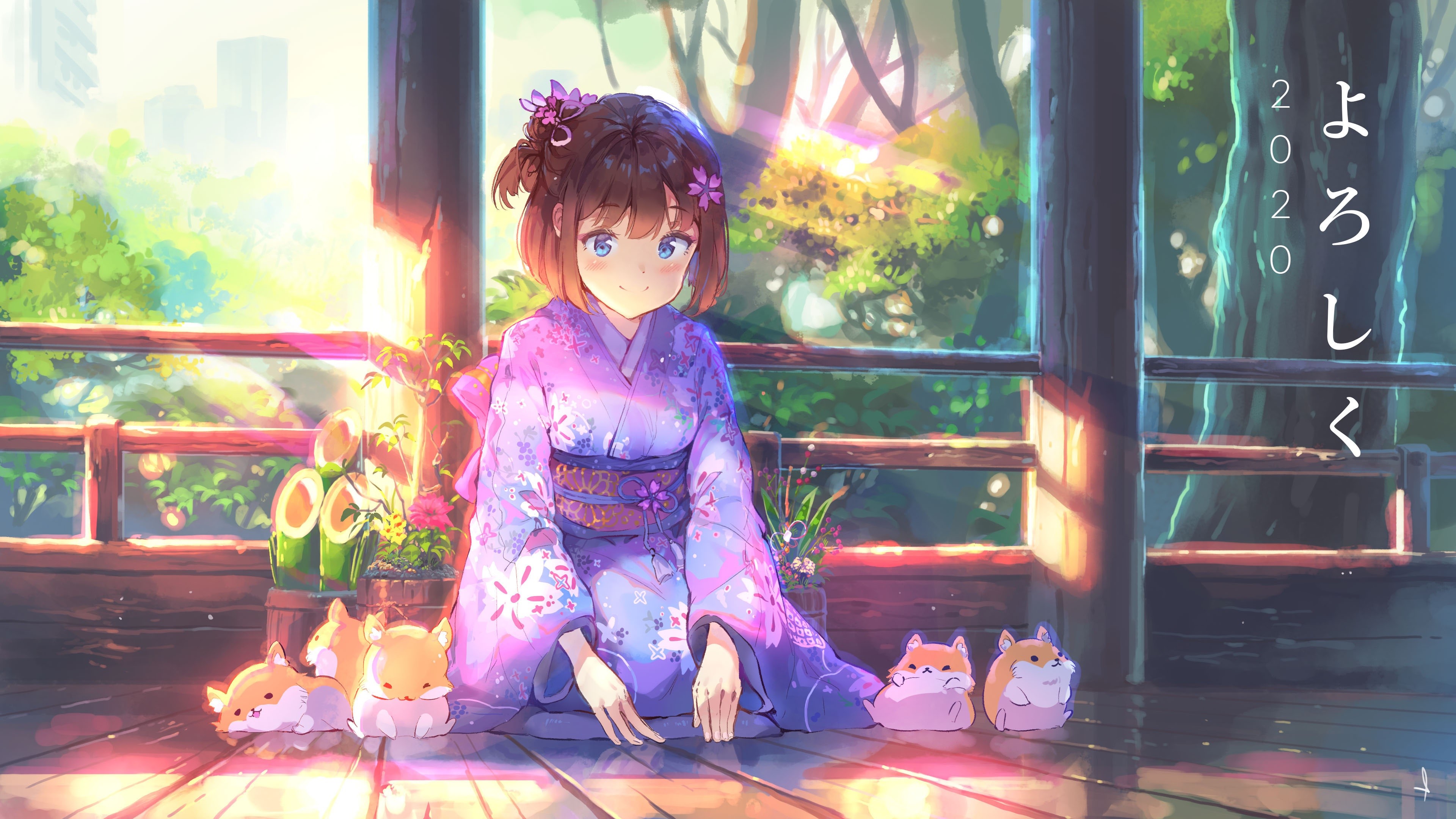 anime, anime girls, kimono, Japanese kimono, blue eyes, HD Wallpaper